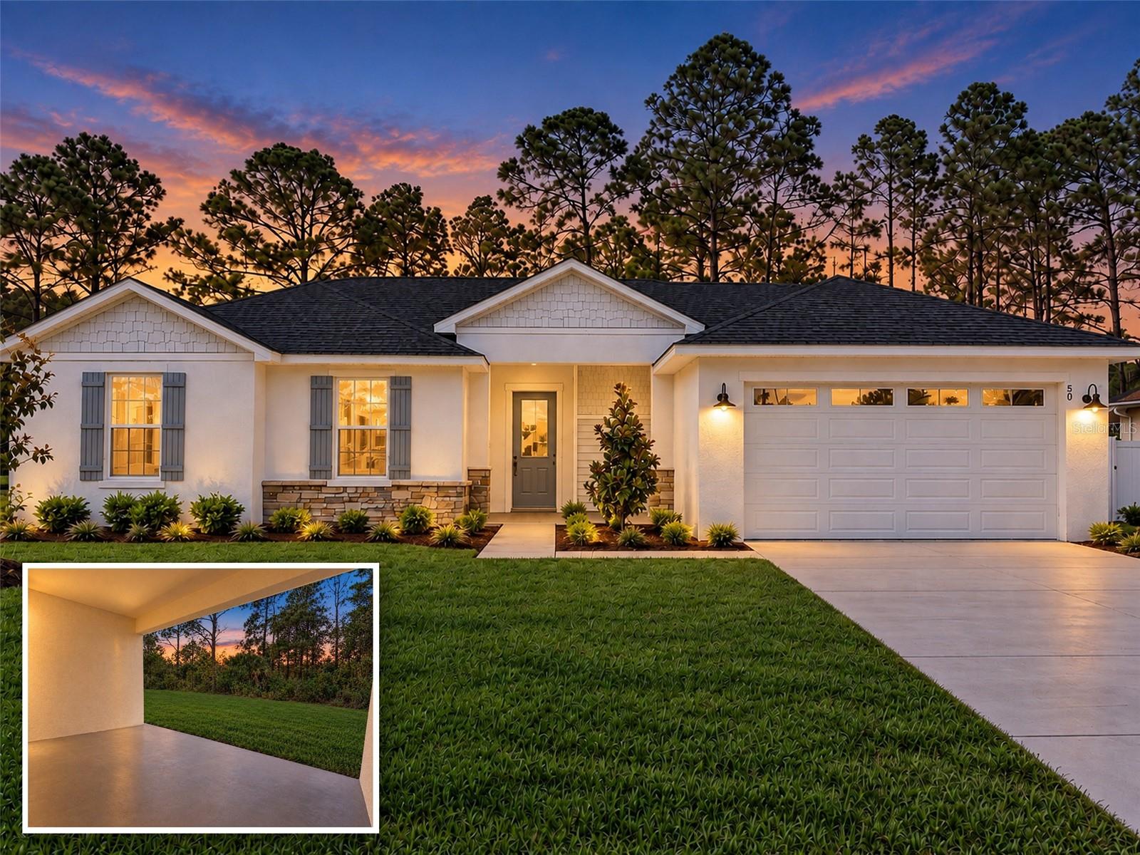 Brand-new block construction in the desirable Pine Lakes neighborhood of Palm Coast with private backyard! No HOA, No CDD! This beautifully designed 4-bedroom, 2-bath home features a bright, open-concept floor plan, soaring vaulted ceilings, and easy-to-maintain luxury vinyl plank flooring throughout. The spacious kitchen is the heart of the home, featuring white cabinetry with soft-close doors and drawers, quartz countertops, walk in pantry, stainless steel appliances, a large center island, and a generous breakfast nook overlooking the private backyard. The kitchen opens seamlessly to the expansive family room, creating the perfect space for entertaining and everyday living. The thoughtfully designed split-bedroom floor plan provides excellent privacy. The spacious primary suite features a beautifully appointed en-suite bath with double vanities, quartz countertops, a large walk-in shower and an oversized walk-in closet. On the opposite side of the home, three generously sized additional bedrooms share a well-appointed second bathroom, making the layout ideal for family, guests, or a home office. The impressive family room features vaulted ceilings and tall triple sliding glass doors that fill the home with natural light and open to a beautiful covered porch. Relax and enjoy the peaceful setting of the large, private backyard, plenty of room for a future pool, backing to a wooded area. Ideally located in the heart of Palm Coast, just minutes from Pine Lakes Golf Club, shopping, dining, miles of biking and walking trails, and the beautiful Atlantic beaches. Brand-new, beautifully finished, and ready for immediate occupancy—this home is truly move-in ready!