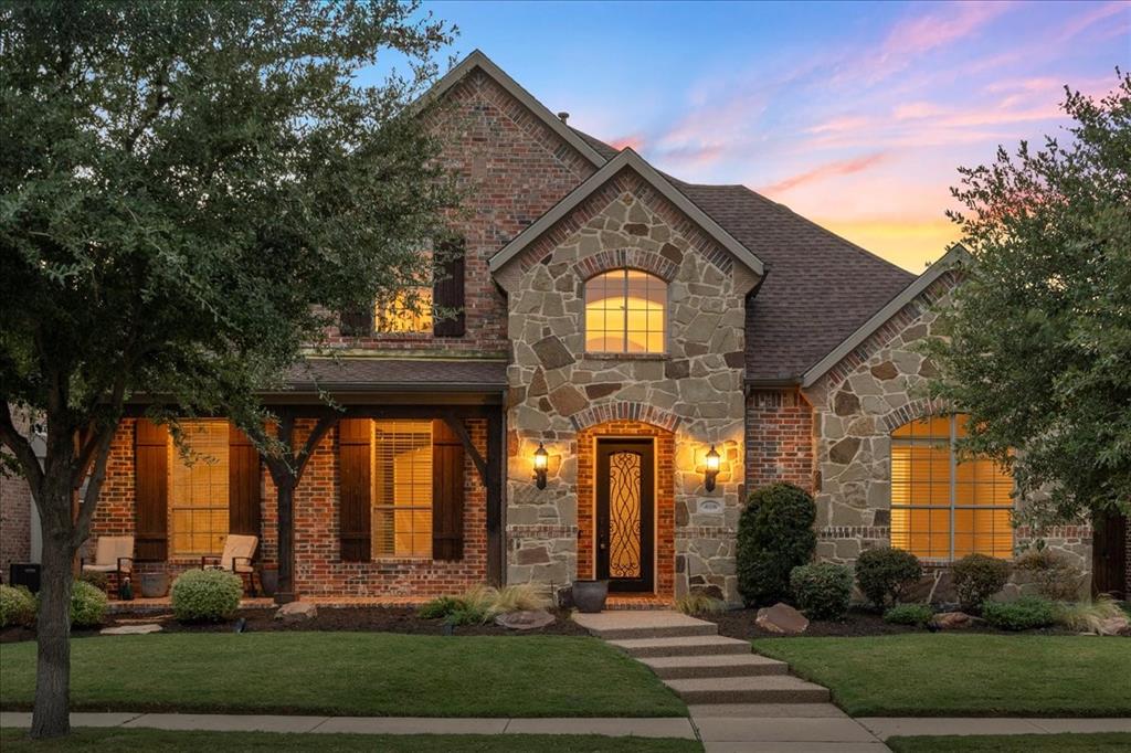 Stunning two-story Highland Home featuring a fantastic floor plan with four beds, home office, four baths, game room, media room, three-car garage & pool & spa. This home boasts amazing curb appeal, highlighted by a charming front porch. An inviting foyer & an elegant formal dining room. First floor home office can be a bedroom with a full bath. The chef's kitchen is equipped with custom cabinetry, granite countertops, and top-quality appliances, including a gas cooktop. The spacious breakfast nook opens to a beautiful family room with a floor-to-ceiling stone gas log fireplace.  The master suite includes a luxurious bathroom with a soaking tub, a separate shower, double granite vanities, and a large walk-in closet. Upstairs, you will find a roomy game room, three additional bedrooms, two full bathrooms, and an impressive media room. The lovely backyard oasis includes a sparkling pool and spa, along with an electric gate for added privacy. The home has fresh interior paint and all-new carpet throughout. It shows exceptionally well! Centrally located in DFW’s most desirable location, easy access to all major highways, situated centrally in the nation’s fastest booming & growing economy region with multi-billion developments in Plano, Frisco, The Colony. This prestigious Castle Hills Golf & Country Club Community offers 26 parks, 6 pools, sports fields, fitness facilities, multiple fishing ponds, lakes, walking and biking trails. Additionally, it's just a 10–15-minute drive to world-class shopping, dining, and entertainment at multiple venues including Grandscape, Legacy West, The Star Cowboys, and PGA headquarters.