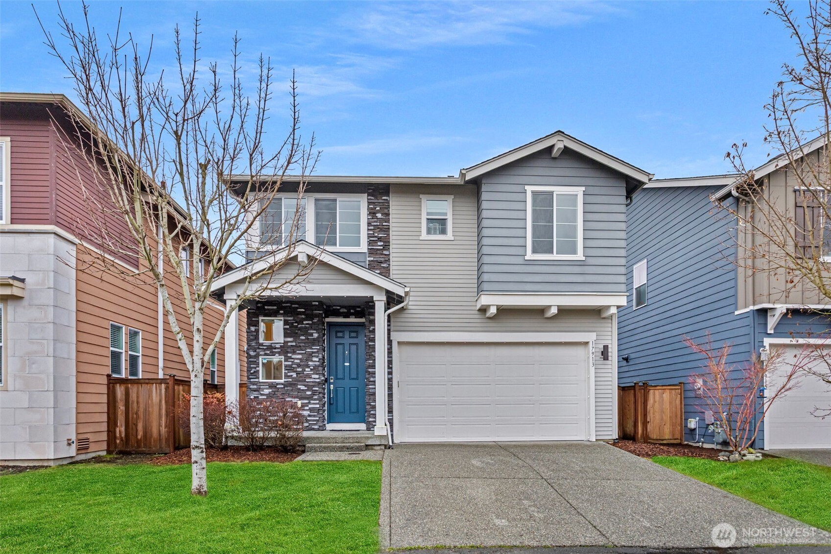 Welcome home to this gorgeous, like-new home in the coveted King's Corner neighborhood! Tucked back at the end of a cul de sac this light filled home features tall ceilings, air conditioning, smart-home wiring, high end kitchen finishes, gas fireplace, large bedrooms & a private covered back patio. On the main floor is a powder room, open kitchen/dining/living room, & 2 car garage with added storage racks. Upstairs you'll find 3 generous bedrooms, two bathrooms including primary suite bath with soaking tub & tiled shower, dedicated laundry room, & extra living room. Large walk in closet in the primary with upgraded storage. Great walkable neighborhood close to shopping and amenities, with Tambark Creek park nearby and playground right behind the home.