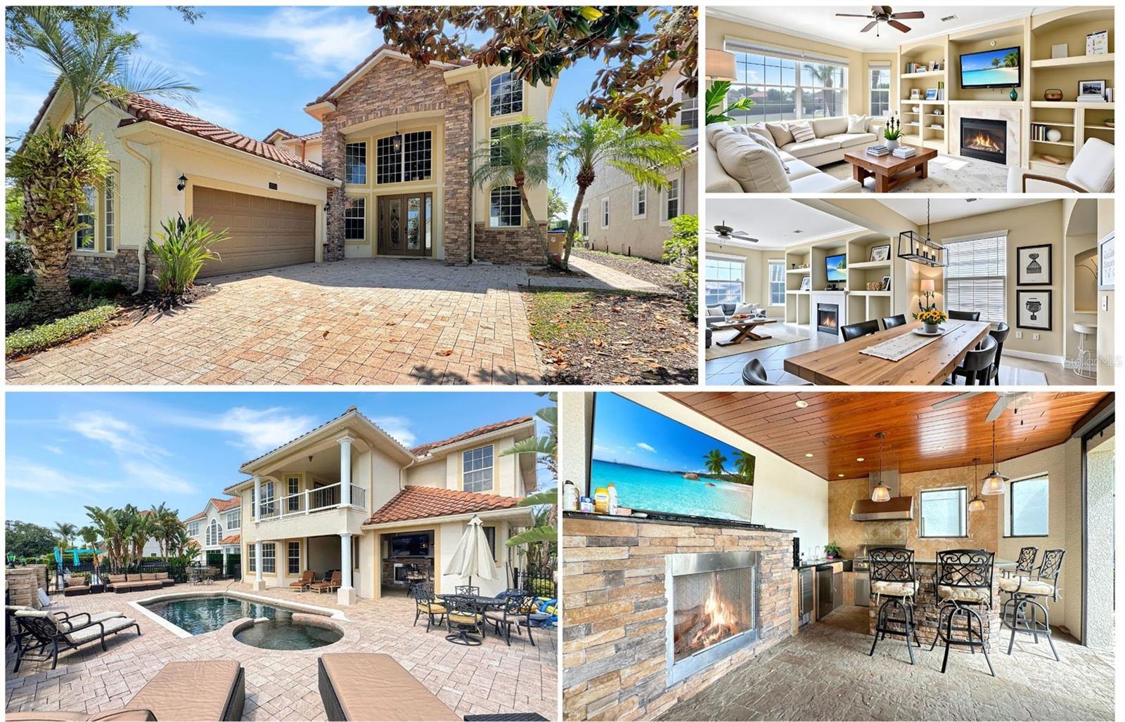 Major Price Improvement - Motivated Seller - A True Diamond In The Rough, The Home May Need Some Polishing However The Homes Potential Is Absolutely Incredible.   Enjoy An Expansive Open Golf View While Sitting On One Of The Largest Lots That Overlooks the 6th, 7th and 8th Holes Of The Tom Watson Signature Golf Course. Some Of The Major Updates Made To The Home Include A Completely RENOVATED BALCONY IN 2024, Roof Replacement In 2018, Updated Air Conditioners, And A Modernized Pool Heater, That Should Ensure Peace Of Mind For Future Owners.  The Home Does Have An ACTIVE GOLF MEMBERSHIP, The Owners Have Priced This Spacious Property Competitively, Considering Its Prime Location.  The Outdoor Covered Patio Is A Focal Point For Sure With An Alfresco Dining Area, Full Summer Kitchen With Grill And Large Outdoor Fireplace And Drop Down Screen Enclosure.  You And Your Guest Will Love The Large Swimming Pool Area With Spill Over Spa, Multi-Level Seating Area With Plenty Of Loungers Sitting On Beautiful Brick Pavers. As You Enter The Home There Is A Spacious Living Room With A Soaring 2 Story Cathedral Ceiling Featuring A Grand Staircase And Tons Of Natural Light Streaming Through Three Levels Of Windows Including An Elegant Artesian Glass Door. There Is A Nice Sports Bar Area With Classic Pool Table And Hd Tv To Keep An Eye On The Game.  The Home Is Being Offered Fully Furnished; The Main-Floor Master Suite Offers A Full En-Suite With A Jacuzzi Soaking Tub. Upstairs, There Area Four Additional Bedrooms, A Nice Open Florida Room, And A Large Walk-Out Balcony Providing The Perfect Spot To Enjoy Those Breathtaking Views. The Kitchen Features Beautiful Oak-Style Cabinetry, A 4 Burner Gas Range, Double Built-In Ovens, And Seamlessly Flowing Into The Cozy Family Room With A Warm Fireplace And Dining Area.  This Home Has Been Used By The Family As Their Golf Vacation Retreat And Theme Park Adventures, And Lets Not Forget Escape From Those Northern Winters. Located In The Gated Reunion Resort Community, This Property Is Just Minutes From Walt Disney Parks, World-Class Beaches, And Orlando International Airport. The Resort Itself Offers An Impressive Array Of Amenities, Including 12 Community Pools, Three Signature Golf Courses (Palmer, Watson, And Nicklaus), A Multimillion-Dollar Water Park, Seven Onsite Restaurants, Two Golf Pro Shops, Six Hydro-Grid Clay Tennis Courts, And A Miniature Golf Course.