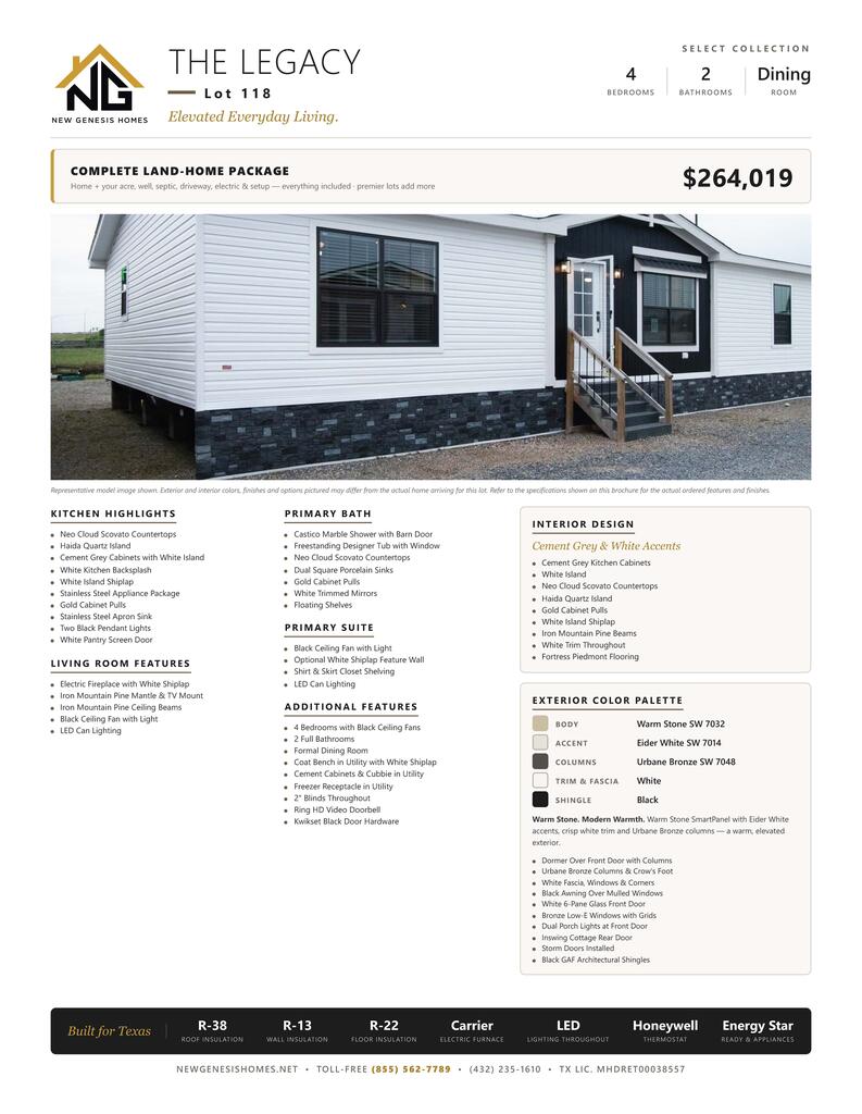 Welcome Home! Beautiful 4 Bedroom, 2 Bath manufactured home Many Luxury upgrades. Price includes land and improvements. Turnkey and your home! Greenwood ISD! HOA is $150/Year. Lot 118. Check out our website: NEWGENESISHOMES.NET.