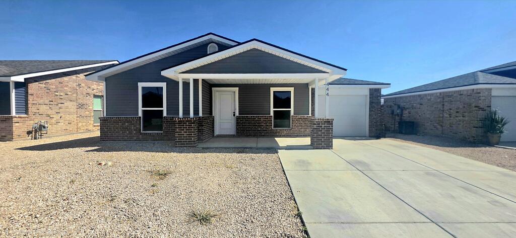 Like new 2024 home in Hillmont Estates with 3 bedrooms, 2 baths, 1,220 sq ft and a 1 car garage. Located in Ector County outside Odessa city limits, offering the benefit of lower property taxes while still having public water, sewer and streetlights. Features a sequestered primary suite, fenced backyard, low maintenance landscaping and included kitchen appliances. No HOA and move in ready. Schedule your showing today!