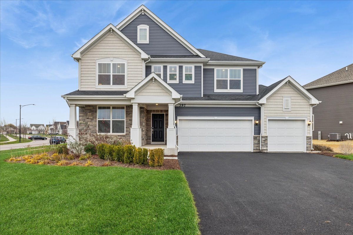 Impressive Former Model Home is Ready for IMMEDIATE DELIVERY.  Filled with beautiful decorator touches  throughout, including stunning on-trend slate blue accent walls and modern wallpaper, this VERY popular Rainier floorpan has NEVER been lived in and can now be your Dream Home. Situated on a oversized home site  on a corner lot in sought after and SOLD OUT Westview Crossing just off Square Barn Rd, the home boasts 2760 sq.ft., 4 Bedrooms + LOFT, 2.5 baths, 1st floor Study/Flex room and a 3-CAR Garage.  Enjoy an awesome OPEN FLOOR PLAN with a kitchen that boasts 42" white cabinets, frost white quartz tops, abundant counter and cabinet space, and a WALK IN Pantry.   The family room has a modern feature wall with a sleek, contemporary electric fireplace as a focal point.  Wide plank wood floors throughout main first floor main living areas and black metal spindles on the staircase add to the clean design of this home.  A first floor study/FLEX room, laundry and mud room round out the first floor.  The 2nd level hosts a STUNNING primary suite plus 3 additional bdrms., 2nd full bath and a great loft for that extra living space.   A GREAT LOCATION:  Enjoy a neighborhood park,  and walking distance to Square Barn Rd. Campus with walking paths and pickle ball courts,  2 miles East of Randall Rd Corridor shops and restaurants, and minutes to the downtown Algonquin amenities w/ the beautiful Fox River front, parks, restaurants and more.  Also close by is Northwestern Medicine, health clubs, golf courses and easy access to the Randall Rd. corridor shops and restaurants, including Trader Joes, Coopers Hawk, Lifetime Fitness, Target, Costco, Algonquin Commons, and more.