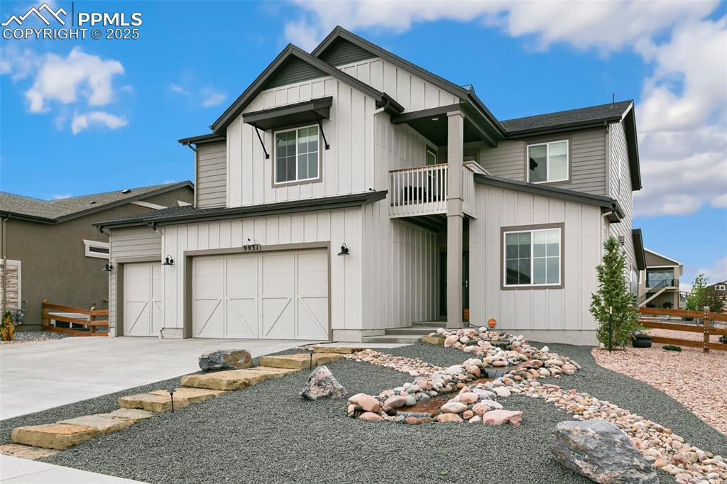 Check out the amazing walk-thru video and virtual tour, then schedule a showing today to experience the magic for yourself.This meticulously upgraded home in The Retreat at TimberRidge is truly turnkey. Set on over a third of an acre with professionally landscaped grounds.  The main level presents an open floor  plan which flows through the great room with a stone gas fireplace to a covered patio with automatic traditional and side awnings. The chef's kitchen is a culinary masterpiece, boasting a large island with upgraded quartz countertops, premium cabinets, and stylish light fixtures. Equipped with a gas range, double oven, and premium refrigerator, this kitchen is a joy to cook in. A convenient Prep Kitchen with an additional dishwasher, wine chiller, storage, and prep space makes entertaining a breeze. The main-floor office and powder bath offer flexible use. Entertain in style on the extended concrete patio, complete with a cozy firepit and elegant lighting. Inside, you’ll find high-end finishes, hardwood floors, 9’ ceilings, and warm wood accents throughout.Upstairs includes a loft, two bedrooms, full bath, and a luxurious primary suite with a 5-piece spa bath and private balcony that provides  a relaxing space with stunning views of Pikes Peak and the soothing sound of the water feature in the front yard. The finished basement boasts a large rec room, full wet bar with ample seating, a bedroom, and a full bath—perfect for guests. The fully finished 3.5-car garage features insulated doors and painted interior. Equipped with smart home technologies that allow you to control the whole-house humidifier, security system with cameras, sprinkler system, AC/Central Heat, garage door openers, and more from your phone. Plumbed ready for a water purification system with dedicated link to the kitchen fridge to connect R.O filtration. Custom Roman shades, matching ceiling fans and lights, glass doors in bathtubs and showers, and a premium front entry storm door.