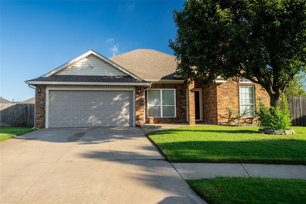 Welcome Home to Lake Woods!  Nestled in a quiet cul-de-sac in Moore, OK, this charming true 4-bedroom, 2-bathroom home offers comfort, style, and convenience in one beautiful package. Built in 2010 and situated on a private street, this property blends modern updates with a welcoming neighborhood feel.Step inside to an open living room featuring Chateau Maple wood plank laminate flooring, creating a warm and cohesive flow throughout the main living area. The living room seamlessly transitions into the open kitchen, complete with maple cabinetry, granite countertops, a pantry, and eat-in dining. A perfect setup for everyday living and entertaining.A versatile front bedroom overlooks the yard and can easily double as a home office. Two additional bedrooms sit just off the living room, along with a full bathroom featuring a tile-surround tub/shower combo.The spacious master suite offers a peaceful retreat with an ensuite bathroom, a large walk-in closet, and an additional linen closet for extra storage.Outside, enjoy a large backyard with a covered patio, fire pit, and storage shed—ideal for gatherings or quiet evenings at home. For peace of mind, the in-ground storm shelter located in the garage provides added security during Oklahoma weather.Lake Woods residents enjoy access to a large green space, a pond, and a paved walking trail—all just a short walk from your front door.This home has everything you need and more. Welcome to comfort, convenience, and community at Lake Woods.