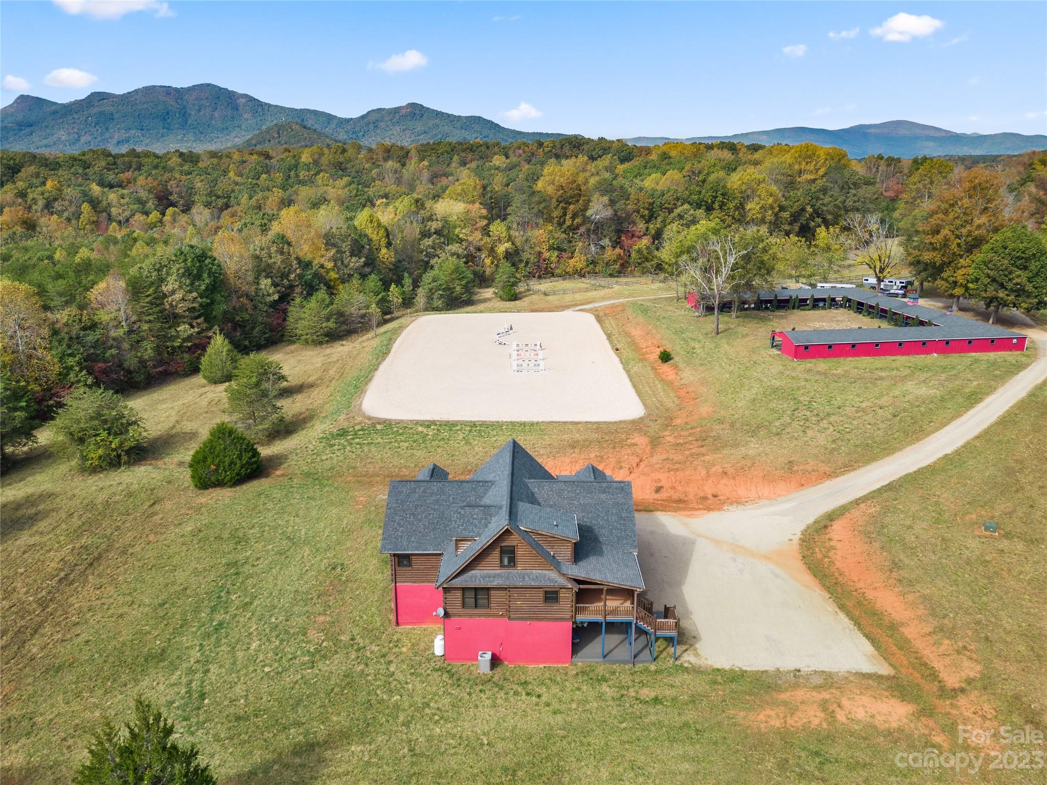 Think So Many Options – Equestrian Farm on 78+ acres -easy 5-minute drive to TIEC! Like new 2017 Log Home – 2 separate living areas -7 bedrooms.  24-stall shed row barn with tack and feed rooms.  EIS irrigated 125 x 225 competition size arena. Pasture and paddocks.   Additional 3+ bedroom “Bunkhouse” – a real plus for additional housing or rental.  Professional facility, rental opportunities, personal farm. – so many possibilities. Deed restricted until 2027 – 10 acre parcels.