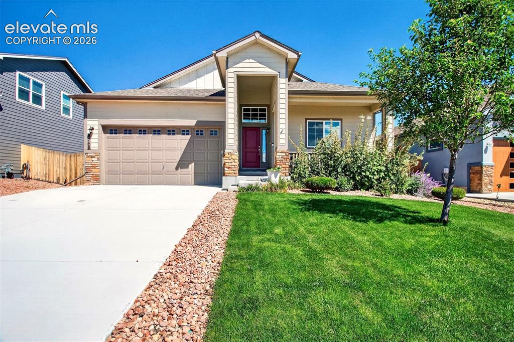 WELCOME HOME to this exceptional 5 bed, 3 bath rancher in the highly desirable Glen at Widefield. Built in 2021, this home blends modern design, thoughtful upgrades, and an unbeatable setting backing to open space. From the moment you arrive, you'll appreciate the inviting curb appeal with custom landscaping, a charming covered front porch, and a quiet cul-de-sac location. Out back, your private gate opens directly to neighborhood trails and open space with breathtaking Front Range & Pikes Peak views. Inside, the bright open-concept floor plan is filled with natural light and showcases mountain views from nearly every window. The beautifully appointed kitchen features a sprawling island, granite countertops, SS appliances, gas range, & abundant cabinetry—perfect for everything from casual mornings to holiday gatherings. The adjoining dining area walks out to the backyard, while the spacious living room creates a warm & inviting gathering space. The main-level primary suite offers a luxurious 5-piece bath, walk-in closet, & convenient main-level laundry. Two additional beds & a full bath complete the main floor. Downstairs, the finished basement expands your living space with a generous family room ready for movie nights, game days, or entertaining. Wet bar hookups offer endless possibilities for future customization. Two additional beds and a full bath provide privacy for guests or multigenerational living. Step outside to your own backyard retreat featuring a custom rock fire pit, hot tub hookups, two storage sheds, and beautifully landscaped outdoor living designed for relaxing & entertaining beneath Colorado's spectacular sunsets. Additional features include paid-off solar, Ring doorbell, Ecobee smart thermostat, central A/C, soaring ceilings, & numerous upgrades throughout. Ideally located just minutes from parks, schools, shopping, dining, Fort Carson, Peterson, & Schriever, this home offers the perfect blend of peaceful outdoor living and everyday convenience.