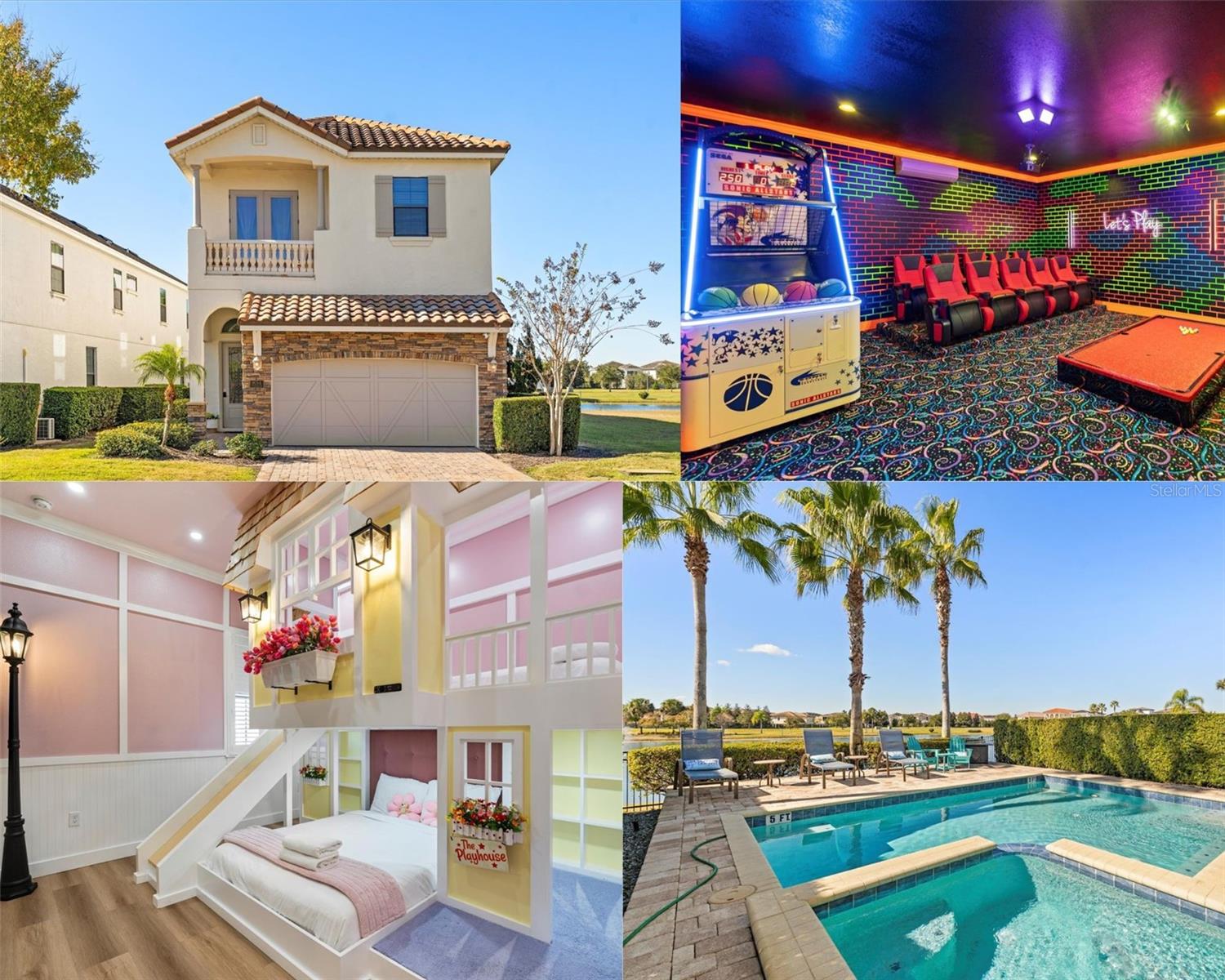 ***ACTIVE MEMBERSHIP AVAILABLE***TURNKEY RENTAL HOME!! Feast your eyes on this FULLY OPTIMIZED 5-bedroom WATER/SUNSET VIEW home in Reunion! PHENOMENAL LOCATION backing right up to water for amazing views, this home is only a short walk to the Tradition’s restaurant & the Jack Nicklaus golf course and practice area. This home must been seen in person to capture the height of the CEILINGS on both first and second floor! Tastefully decorated and well maintained by current owners & management company! WEST FACING POOL AREA! Pools that are west facing allow for incredible COTTON CANDY sunset views perfect for wrapping up a long day at the parks with the family! Pools that back up west also allow for sunlight over the pool area all afternoon! The water view from the back yard lines up perfectly with the fountain in the middle of the pond making the view extra special! This FULLY FURNISHED home has been upgraded to standout in the rental market with multiple THEMED ROOMS including an incredible ARCADE THEMED garage conversion with a POP-A-SHOT, MOVIE THEATER, & POOL/GOLF TABLE complete with an AC SPLIT UNIT so the arcade can be enjoyed even during the hotter times of the year. Second floor has two THEMED ROOMS. One custom built COTTAGE THEMED ROOM as well as a custom UNDERWATER THEMED BUNK BEDROOM perfect for the little ones! The loft area has been converted to PUB THEMED loft with BAR AREA, SHUFFLEBOARD, & CHESS TABLE making every corner of this home geared for family fun! This home has been FULLY RENOVATED with the following upgrades: NEW AC UNIT, NEW FLOORING THROUGHOUT, NEW KITCHEN COUNTERTOPS, FRESHLY PAINTED INSIDE, NEW EXTERIOR ACCENT PAINT, REFINISHED CABINETRY THROUGHOUT KITCHEN & BATHROOMS, ALL NEW FURNITURE & DÉCOR THROUGHOUT,  NEW MASTER BATHROOM TILE & PLUMBING FIXTURES, NEW TV’S THROUGHOUT, NEW CEILING FANS THROUGHOUT, COTTAGE THEMED ROOM, UNDERWATER BUNK BED ROOM, GARAGE MOVIE THEATER/ GAME ROOM with MINI SPLIT AC UNIT, NEW CARPET, UPDATED LIGHTING, 120" MOVIE SCREEN, POP-A-SHOT, & POOL GOLF TABLE. This fully furnished home is truly TURNKEY as the association takes care of all the general maintenance of the exterior. This home is currently an active short-term rental and will hit the ground running for the new owner! Don't miss your chance!! Make this you primary, second home, or investment property as this home comes with future bookings if the new owner stays with the current management company! Don’t miss your chance & schedule your showing today! REUNION’S Proximity To All The Major Theme Parks Especially Disney World Being Just 2 Exits Away, Makes This Vacation Community A Top Choice For Visitors Of All Ages. If You Are Looking To Take A Few Golf Swings While On Your Vacation You Can Take The Challenge On Any Of The 3 World Class Championship Golf Courses Designed By Arnold Palmer, Tom Watson And Jack Nicklaus That Are Located On Site. Hungry?, Why Not Step Into One Of The 5 Onsite Restaurants That Go From Hamburgers At The Cove To Fine Dining At Eleven And Everything In Between. There Are 12 Pools In The Community Including Multimillion Dollar Water Park With Lazy River & Water Slide. Schedule your showings today!!