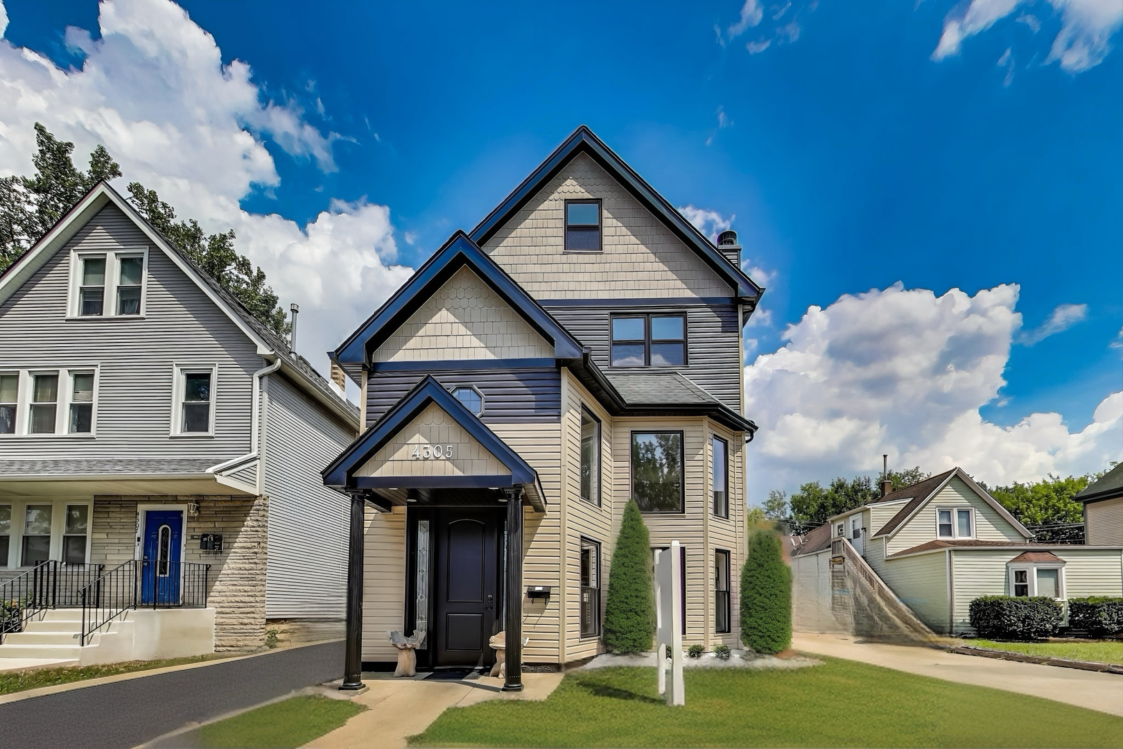 Stunning Modern Renovation | Over 3,250 Sq Ft. 4 Levels of Luxury Living on an oversized lot with privacy, backing up to an open meadow & school. Home has a lage driveway with a 2.5 car garage with pleanty of parking space + street parking for guests. Completely new, it's a sophisticated, fully renovated showpiece. This architecturally striking home blends sleek modern design with warm, natural finishes across four expansive levels of living space with today's modern conveniences, like a built-in sound system/speakers inside and out. Every detail has been thoughtfully reimagined in this complete rehab: new HVAC, siding, windows, electrical, plumbing, prepped for radiant/floor heat, & more - offering the best of style and peace of mind. Step inside to find soaring ceilings, exposed beams, and a dramatic open staircase that sets the tone for the home's bold, contemporary feel. Wide-plank hardwood flooring flows throughout. The stunning chef's kitchen features custom cabinetry, a waterfall quartz island, and brand-new stainless steel appliances, all opening to a bright dining area and expansive living room framed by floor-to-ceiling windows and a modern fireplace. Next to the rear entryway, there is a large utility/pantry/mud/laundry room that is plumbed for a 2nd laundry room, additional bathroom, mud room, dog wash, or any future ideas you may have. This home offers multiple living and entertaining spaces, including a lofted second-floor lounge overlooking the great room, and a third-floor sitting area that connects three spacious bedrooms. A dedicated office/study nook on the bedroom level adds function and flexibility, perfect for remote work or quiet reading.  The primary suite is a private retreat, boasting a spa-inspired bath, walk-in rainfall shower, soaking tub, and a private balcony - ideal for morning coffee or unwinding in the evening.  You'll also find two laundry areas for added convenience - one on the lower level and another on the third floor, which is thoughtfully positioned and can easily be converted into a full bath if desired.    The finished lower level features a large family room/dining combo and additional living space ideal for media, guests, or a home gym. Outside, enjoy a brand-new composite deck, fenced yard, and detached garage.    Located on a quiet, tree-lined street near parks, dining, expressways, and the Metra - this is a rare opportunity to own a turn-key, design-forward home with space to grow and entertain.