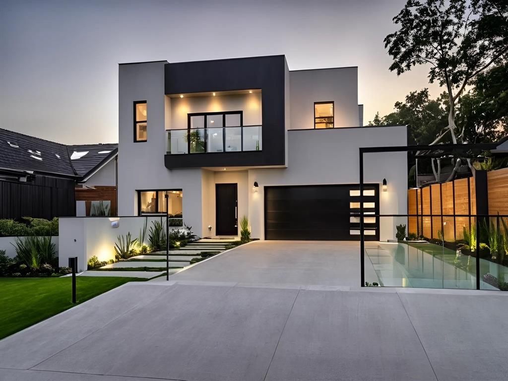 Rendering of modern home featuring stucco siding, fence, a balcony, a garage, and driveway