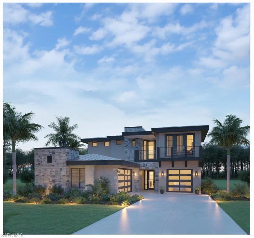 Contemporary house featuring stone siding, concrete driveway, an attached garage, a balcony, and stucco siding