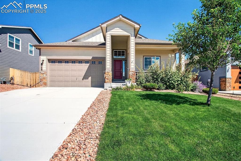 WELCOME HOME to this show-stopping 5 bed, 3 bath rancher in the sought-after Glen at Widefield. Built in 2021, this home isn’t just move-in ready, it’s been thoughtfully upgraded inside and out to give you the lifestyle you’ve been dreaming of. From the moment you arrive, the curb appeal speaks for itself: fresh custom landscaping, charming covered front porch, and a backyard designed for both relaxation and adventure. Step through your private back gate and you’re instantly greeted with trails and open space with sweeping mountain views. Inside, the bright open-concept floor plan and Pikes Peak views from nearly every window will steal your heart. The chef’s kitchen is the centerpiece, with a massive island, gas stove, stainless steel appliances, and elegant granite counters that make cooking and entertaining a breeze. The spacious main level includes a sunlit living room, dining area with walk-out access, and a luxurious primary suite featuring a spa-worthy 5-piece bath and walk-in closet. The finished basement offers endless possibilities — from a rec room to a home theater to the ultimate entertaining space with wet bar/kitchenette hookups already in place. Imagine hosting family gatherings, game nights, or movie marathons in your private retreat. Two beds and a full bath grace the bottom level keeping guest privacy top of mind. Step outside to a backyard oasis: custom rock fire pit, two storage sheds for all your gear, hot tub hookups ready for relaxation, and space that feels both private and expansive. Smart-home conveniences include Ring doorbell, Ecobee smart thermostat, and paid-off solar panels for energy savings. Every detail has been thought of — soaring ceilings, main-level laundry, auto sprinklers, central A/C, and so much more. All of this, plus a quiet cul-de-sac location, just minutes from schools, parks, shopping, and military bases. This home isn’t just a place to live — it’s a lifestyle upgrade. Why settle for ordinary when you can have it all?