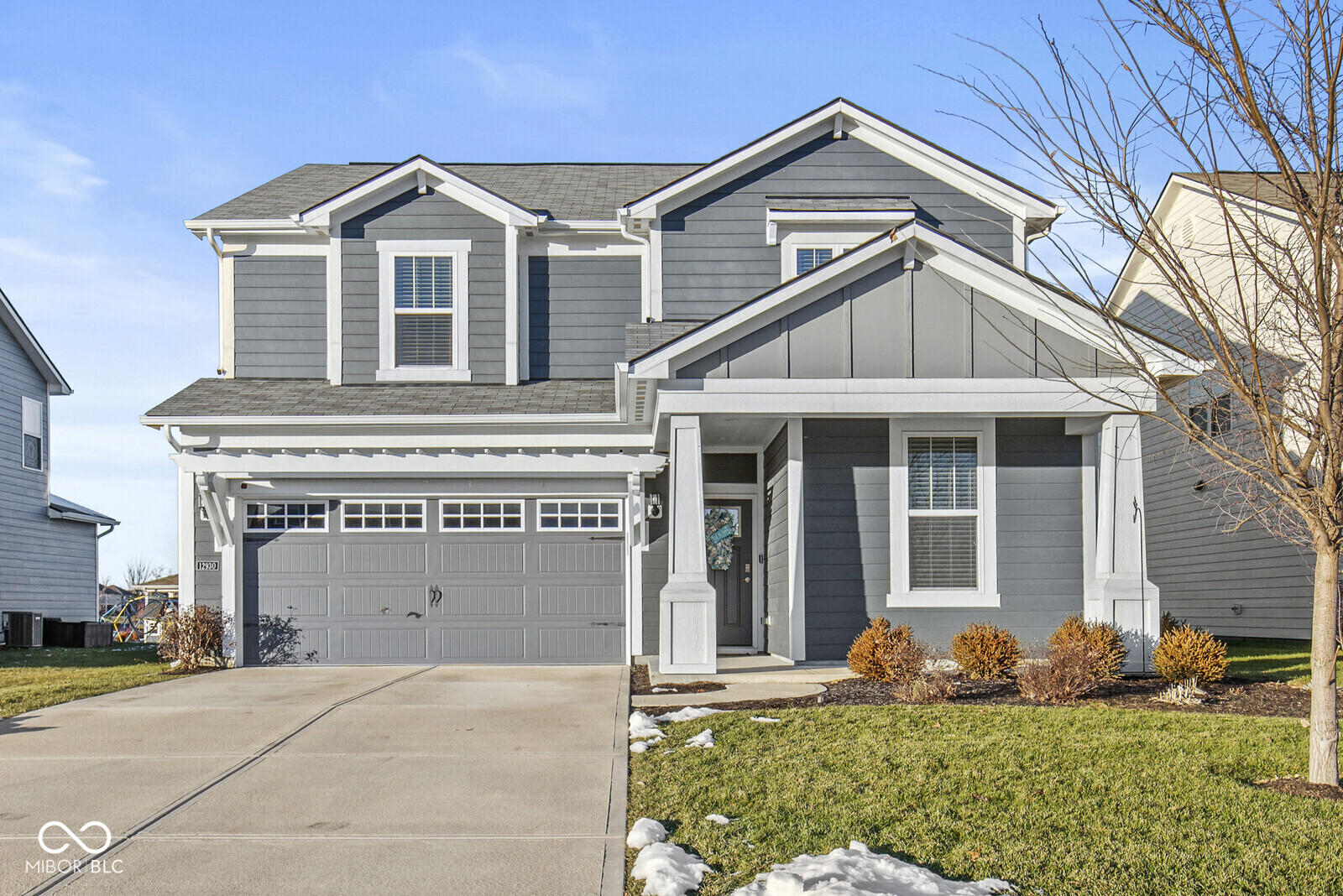 Located in the popular Hunters Run neighborhood in Fishers, this newer 4 Bedroom/2.5 Bathroom home was built in 2020 and is packed with features! Starting on the exterior, you'll find a spacious 2 car garage, durable fiber cement siding, a covered front porch and covered back patio. Step inside and find an open floor plan with a large family room with tons of natural light that opens into the dining area. The large kitchen features a pantry and quartz counter tops. Other highlights on the main floor include a flex room which is perfect for an office/entertainment room and a large entry from the garage with built-in seating and built-in desk with drawers.  Go upstairs to find 4 bedrooms, 2 full bathrooms, and a laundry room. The master bedroom includes a spacious ensuite with a full walk-in shower, a double sink quartz vanity and a walk-in closet. Located close to local shopping, dining, and easy highway access!