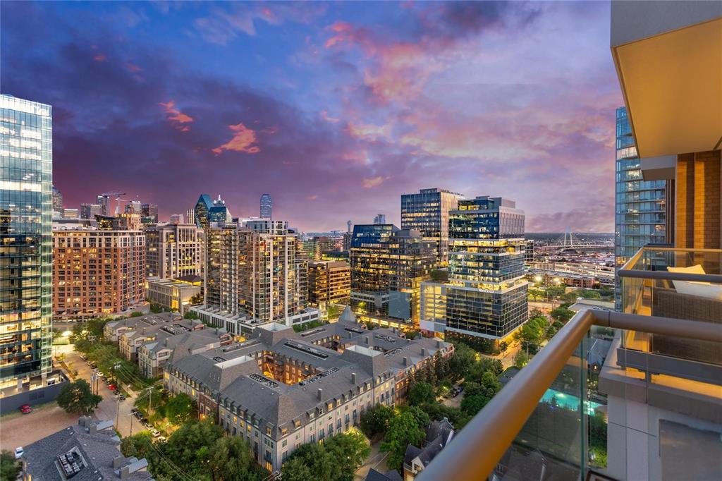 Residence 18A at The Stoneleigh Residences delivers 4,676 sq ft of sophisticated contemporary living in a one of a kind floor plan, larger than most A plans, with two expansive balconies & spectacular Downtown Dallas views.  The direct access elevator opens to a dramatic private foyer with an oversized pivot door & a lighted art mirror wall.  An impressive 51 feet of open living & entertaining space is anchored by a dramatic Marrazzi Soho Gray fireplace wall with floating hearth & illuminated display shelving.  The gracious living room flows into dining area accomodating 10, a comfortable media area & a spectacular island kitchen with Miele appliances, generous cabinetry, large pantry & an adjacent glass enclosed wine room & bar.  Three bedrooms, 3 full baths, a powder bath & dedicated study offer exceptional flexibility.  Privately positioned at one end, the luxurious primary suite enjoys its own balcony, spa inspired bath & two generous California Closets.  Refined contemporary finishes distinguish every room.  The Stoneleigh's five-star amenities include concierge, valet, owners lounge, private 20-person theater, fitness center with sauna & steam, resort style pool & spa, outdoor living areas with fireplaces & grills, grand lawn & a banquet room for 100 with catering kitchen & service bar.  Adjacent to the newly renovated Stoneleigh Hotel with Michelin Star chef Michael White's Lion's Den Restaurant & Bar Leonessa. Recognized by Forbes Travel Guide with a Luxury Residences designation, The Stoneleigh Residences offer an exceptional service experience.  In fashionable Uptown near Klyde Warren Park, the Katy Trail, The Crescent, Victory Park, American Airlines Center, Arts District & Dallas' finest dining.  Walk Score 91.  Luxury lock & leave lifestyle in one of the most amenity-rich buildings in Dallas.