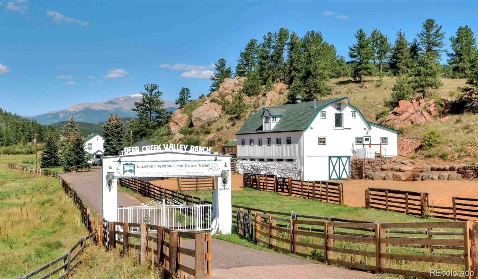 A rare opportunity to own a true piece of Colorado history. Deer Creek Valley Ranch, and its majestic 165 acres of idyllic Colorado living, is the ultimate mountain getaway, with the convenience of being less than an hour from Denver. This one of-a-kind property boasts outstanding mountain views, sweeping meadows, abundant wildlife, riding trails, and Deer Creek flowing year-round with extensive water rights included. DCVR has a rich colorful history of a ‘real-deal’ working ranch, and now offers a stunning combination of chic modern elegance and rustic mountain fun. The pride of ownership is apparent with the impressive houses, buildings, and amenities that give this property a truly magical feel. Impeccably maintained, Deer Creek Valley Ranch also conveys a Conditional Use Permit, which allows for development, and thus the opportunity to expand upon the potential of this incredible property. In addition to the pine tree-lined driveway, aspens, rock out-croppings, landscaping, and custom outdoor patios with stone fireplaces, this ranch features multiple venues, each with their own impressive quality that makes them shine throughout. An exquisite example of the majesty of the property is the iconic Barn, as seen from Highway 285. Built in the 1800’s and fully restored, the 7,600 square foot Barn features three floors, each with their own character and unsurpassed “Wow” factor, leaving a lasting impression on both you and your guests. The main “Homestead House” is approximately 4,000 square feet. Built in the late 1940’s, it is a fully furnished ranch house that has been renovated to modern day standards, while still incorporating many of the intricacies of the vast history and traditions of the ranch. There are two guest-houses, as well as several multi-use buildings, on the property. The amazing setting, comprehensive details throughout, convenience of location, included water rights, and potential for expansion, make this a truly unique ownership opportunity.