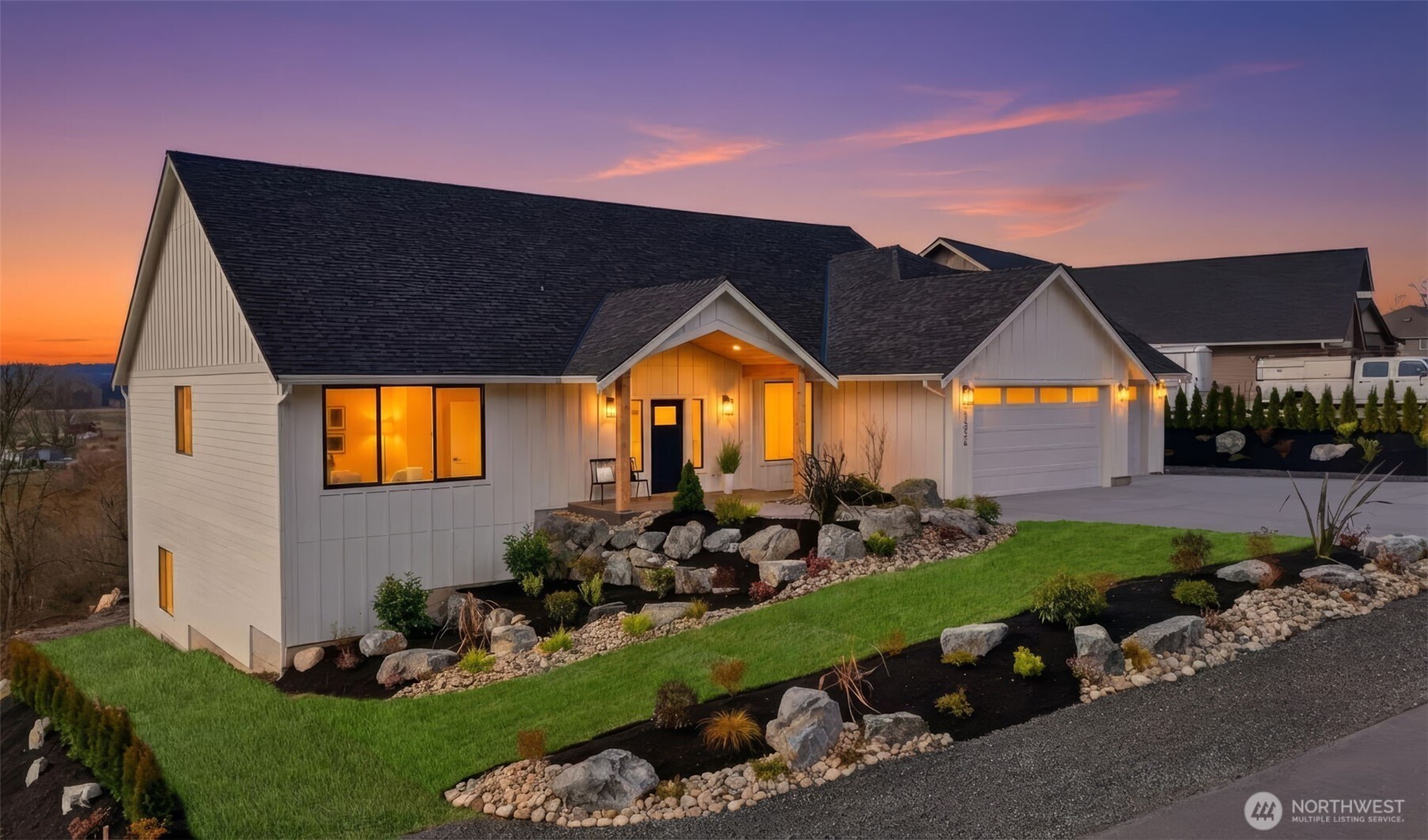 Enjoy comfortable luxury with stunning views in this thoughtfully built new estate, set on 1.4 private acres in a gated community. The main level features a no-step entry with 4 bedrooms and 2.75 bathrooms, including a spacious primary suite with a walk-in closet and a luxurious 5-piece bath. Vaulted ceilings and an open-concept layout create a bright, inviting space ideal for everyday living and entertaining. The kitchen features stainless steel appliances, a butler’s pantry/coffee station, and a wine cooler. The lower level includes a finished flex or exercise room, plus an unfinished 1,899 sq ft basement with a separate entrance, roughed-in for multi-generational living, or recreation space. Take in sunset views from the expansive deck overlooking the large backyard. Additional highlights include a private well with dual connections and a 3-car garage. Conveniently located near local amenities, shopping, and commuter routes, while offering a peaceful, private setting.
