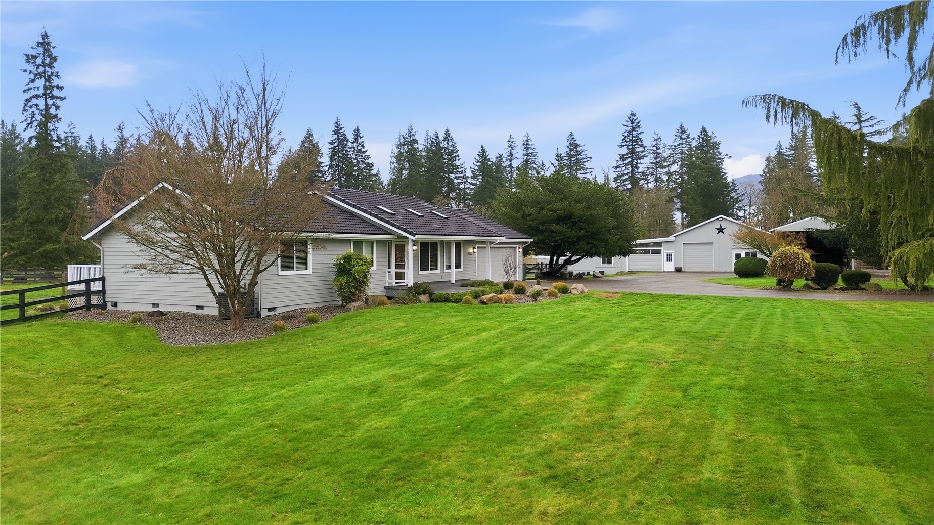 This one truly stands out—an exceptional fully set up horse property built for both personal use & equestrian income potential. Behind the gates you’ll find 8.9 acres thoughtfully designed with 8 separate pastures, each w/water & hot wire, plus 3 paddocks for added flexibility. The arena w/Nike footing, private pond, gazebo make this property as functional as it is beautiful. RV parking & generator wiring for both the home (50 AMP) & barn (30 AMP) add even more convenience. The barn & shop are fully equipped w/everything you need: tack room, 6 stalls including 2 birthing stalls, rubber matting throughout, insulated roof, wash rack w/hot & cold water, fans, pressure washer, washer & dryer, refrigerator, plus new roof & paint. Stall mats & troughs are included, making this a true turnkey setup. Inside, the rambler offers a well designed layout w/an office off the entry, formal living & dining spaces, coffee area & a garden window. The kitchen features a granite backsplash, double ovens & a downdraft cooktop, opening to a large trex deck great for entertaining. A rec room w/an electric built-in fireplace & French doors adds extra space. The primary suite includes dual vanities, 2 closets, a tile shower & heated floors, while a junior suite offers flexibility for multi-gen living. Addit'l highlights~ water filtration system, heat pump, skylights, engineered hardwood, tile floors & a laundry room off the garage w/a .5 bath. Rare opportunity to own a fully dialed in horse property!