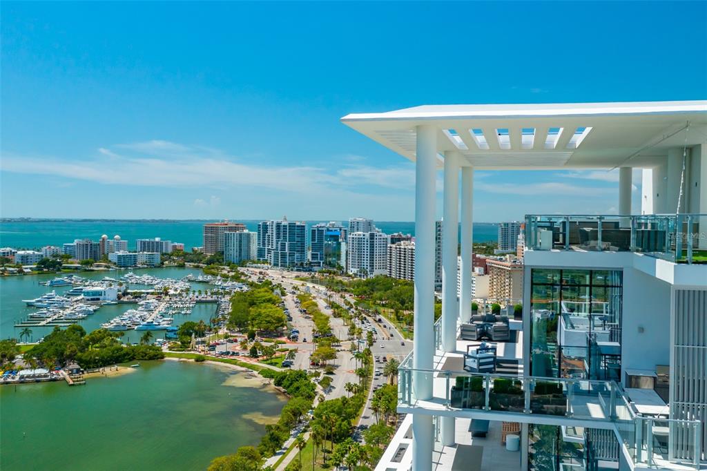 Two private, west-facing terraces that have arguably the best view in Sarasota and the West Coast of Florida- Over 200-feet in the air.