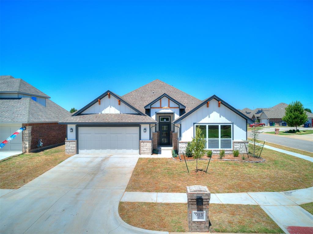 MOVE-IN READY! CORNER LOT WITH WATER VIEW! Discover the home of your dreams! This spacious three-bedroom, two-bathroom haven awaits on a coveted corner lot with a frontal view of the quiet, community pond. Fall in love with the barrel ceiling entry that sets the tone for elegance, leading to a spacious living area complete with flowing ceramic wood-look tile and a cozy fireplace—perfect for entertaining. The chef's paradise kitchen features stunning custom-built soft-close wood cabinetry, built-in Samsung appliances, and a large island offering ample granite or quartz counter space. The giant primary bedroom boasts a beautiful tray ceiling, while the ensuite features a doorless walk-in tiled shower and a separate garden tub. Convenience is key with the primary closet connecting to the utility room, which is complete with a mud bench for added versatility. Relax on the long, covered back patio—perfect for enjoying a morning coffee or an evening glass of wine. Enjoy added curb appeal with an upgraded landscaping package, front exterior stone work, and an elite 8/12 roof pitch, complete with a water view of the community pond. Palermo Place enhances your lifestyle with incredible amenities, including a pool, fitness center, playground, clubhouse, and nature trail. Warranties are included to add peace of mind for this brand new build! Prime location within a few miles of I-240, I-35, or I-44 ensures easy access to the entire OKC Metro. Within a 20-30 minute drive, explore Tinker AFB, University of Oklahoma, Paycom, Amazon, Devon, Paseo District, Top Golf, and more. Seize this opportunity to make Palermo Place your home—schedule a showing today!