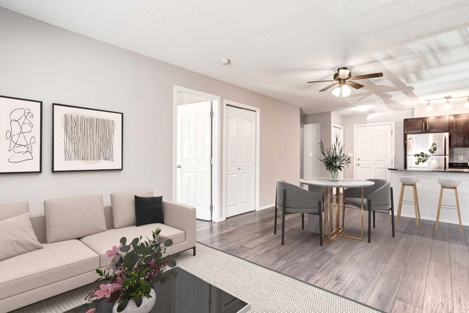 PET FRIENDLY, GROUND FLOOR 2 BED + 2 BATH with FLEX ROOM & SUNNY SOUTH  PATIO! Welcome to Creekside Crossing, where comfort meets convenience in this bright, inviting ground-floor condo. Offering two spacious bedrooms, two bathrooms, and a versatile flex room, this home is designed for both style and function. Step inside and feel instantly at home in the sun soaked living room, where a large south facing window floods the space with natural light. The open concept layout flows into a well appointed kitchen featuring sleek black granite countertops, stainless steel appliances, and plenty of cabinetry for all your culinary needs. The bonus flex room is perfect for a home office, hobby space, or extra storage, you can tailor it to fit your lifestyle. Retreat to the primary suite, complete with a walk-through closet and a private ensuite boasting a beautifully tiled glass shower and granite counters. The second bedroom is equally inviting, offering generous space and its own sunny view. Your private south facing patio is an ideal spot for morning coffee, an evening glass of wine, or weekend BBQs with friends—plus, being on the ground floor means easy outdoor access for you and your pets. Enjoy the convenience of in-suite laundry, secure heated underground parking, and plenty of visitor stalls for your guests. Outside your door, you’ll find medical offices, restaurants, coffee shops, and retail options just steps away. Explore the nearby Iron Horse Park or take a short drive to even more amenities—everything you need is right here. Whether you’re downsizing, buying your first home, or looking for a pet-friendly space in a prime location, Creekside Crossing offers the perfect blend of comfort, convenience, and lifestyle. Move in and start enjoying the best lifestyle today!