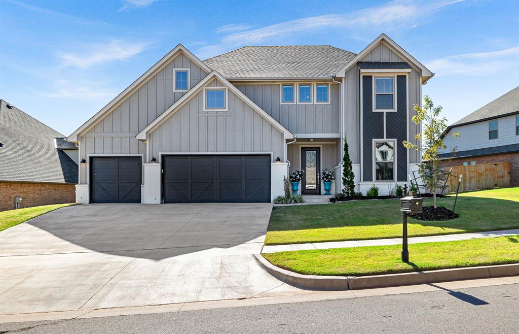 Welcome to this thoughtfully designed & impeccably crafted home, nestled on a quiet yet beautiful street in east Edmond. From the gabled living room ceilings, to the rich hardwoods throughout, this house will leave you wanting nothing else. From the moment you enter this home, you'll a striking amount of natural light that interacts with the neutral paint tones in just the right way. The handcrafted ceramic tile fireplace is the focal point of the large and airy central living space, large enough to host friends, families and get togethers. The french doors open into an inviting and productive office/bonus/flex space at the front of the home. The living space flows naturally into the large & bright kitchen area, fully equipped with a gas range, stainless steel appliances, thick quartz counters, and a super large pantry. The cabinetry also runs all the way to the ceiling, offering a higher-end and luxurious look. The dedicated dining space is large enough to host many. The mud room coming from the garage has a well made built in storage area, along with a flanking dedicated laundry room with a beautiful tile floor accent and sufficient cabinet storage. The primary and ensuite are stunning! With tall ceilings and large windows, it's a place you won't want to leave. There is enough room to add large pieces of furniture as well. The en suite just makes sense, with its neutral color pallet, walk in shower, and soaker tub. Going upstairs you are offered two more nice-sized bedrooms, large landing area, and a full size bath. Not to mention, the home has a 3-car garage and LARGE backyard with a covered patio. Don't let this one get away, call to schedule your private showing today!
