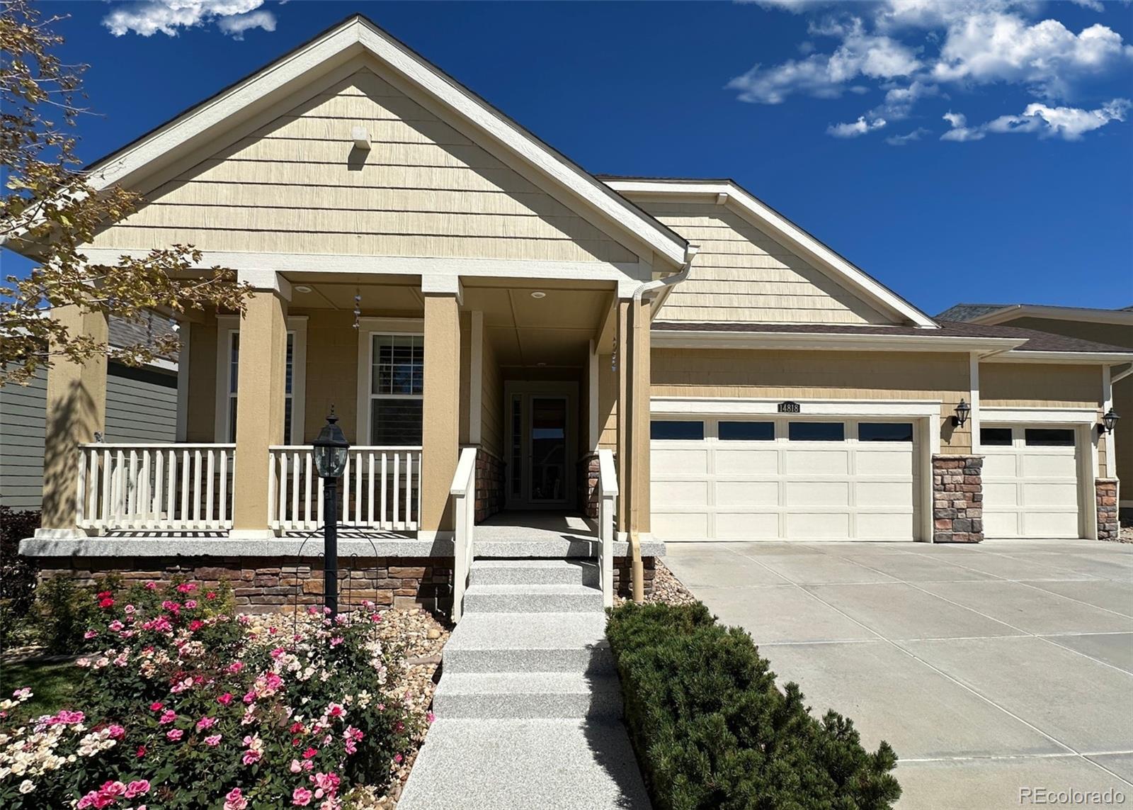 Welcome to resort-style living at its absolute finest in Heritage at Todd Creek, a coveted 55+ community known for its vibrant, active lifestyle and exceptional neighborhood amenities including a championship golf course, a clubhouse for dining with friends, a state-of-the-art fitness center, and sparkling swimming facilities. Nestled in a prime location with expansive, picturesque views of the 12th hole and beyond, this stunning home welcomes you with a lovely front porch and sitting area. Inside, the bright and open main level features plantation shutters, fresh interior paint and large windows that flood the space with natural light, creating an open flow designed for effortless hosting and bringing everyone together for special moments. The main level also includes convenient laundry and mudroom space with great storage, alongside a spacious primary suite complete with an ensuite bathroom featuring double sinks. Step outside onto the exceptional upper deck to take in the sweeping golf course views or head down the steps to your second outdoor living space featuring a large patio and multiple garden beds. The newly finished garden-level basement expands your living space dramatically, offering a huge bedroom with an enormous closet, a spa-like bathroom complete with a luxurious steam shower, and an included infrared sauna for ultimate relaxation at home. Combining active community perks, stunning course-side views, and thoughtful modern updates throughout, this Todd Creek treasure is a true must-see.