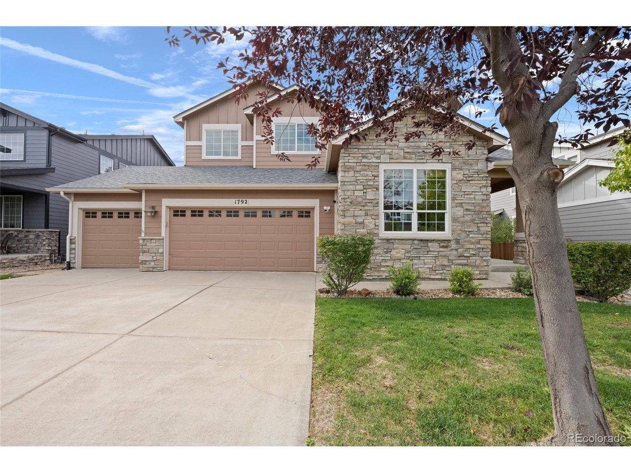 Welcome to this beautifully maintained five-bedroom, four-bath home located in desirable Vista Ridge...this resort like community is an experience all its own. The main-level office offers a dedicated space for work or study, while the formal living room features a shiplap accent wall and modern chandelier, creating a contemporary rustic aesthetic. The open-concept great room includes a spacious kitchen with eating area. The kitchen boasts oak cabinetry, granite countertops, a large center island, and appliances replaced approximately one year ago. A gas-log fireplace adds warmth and character to the adjoining family room. Step outside to an expansive 27-by-13-foot deck with outdoor speakers, ideal for entertaining and enjoying Colorado's outdoor lifestyle. Upstairs, the generous primary suite features a large walk-in closet, a private bath with a jetted tub, separate shower, and dual sinks. Three additional bedrooms share a full bath with double sinks. The finished basement expands the living space with an additional family recreation area or game room and includes a wet bar with wine fridge and media room speakers. There's an additional bedroom with egress window, and a tiled three-quarter bath. Additional highlights include a NEW Furnace and Air Conditioner replaced 8/2026, and a Water Heater replaced in March 2026. Operating systems check! Oversized three car garage plus work bench area will fit all your toys. The inviting backyard is a perfect size for pets and play.  Vista Ridge amenities make this a sought after community with 2 Swimming pools, a clubhouse, fitness room, volleyball, tennis, and pickleball courts, along with exceptional playground & picnic areas, scenic walking and bike trails. Schedule a private showing today to experience the space, comfort, and exceptional pride of ownership this home offers.