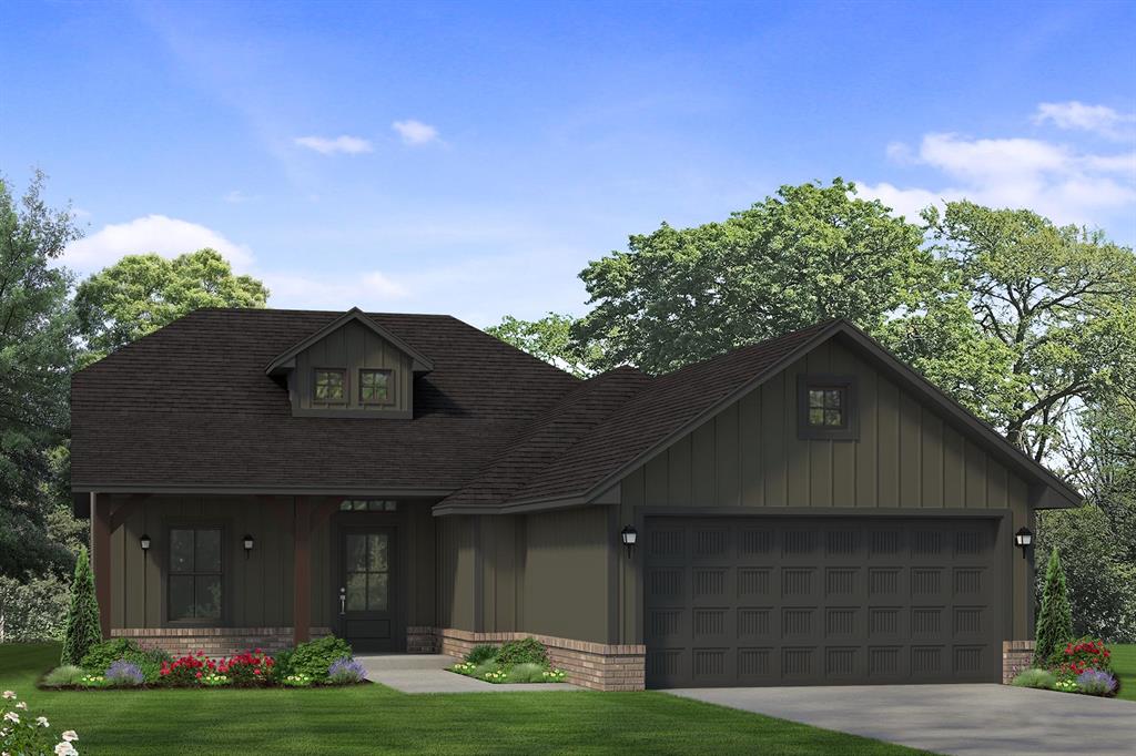 The Derby at Danforth Crossing welcomes you with a charming farmhouse exterior and thoughtfully designed modern interiors. Just off the front entry, a sunlit flex room overlooks the front porch—ideal for a home office or quiet retreat. The open-concept living and kitchen area is perfect for gathering, featuring a cozy gas fireplace, wood-look tile floors, and a large island made for everyday meals and entertaining. The private primary suite offers peaceful backyard views and a spa-inspired bath with a dual-sink vanity, expansive walk-in shower, and generous closet. Built for comfort and efficiency, this home includes 2x6 walls, spray foam insulation, smart home features, healthy air filtration, a tankless water heater, and storm shelter. Enjoy low-maintenance living just off the I-35, minutes from shopping, dining, Arcadia Lake, and future community amenities like pickleball courts.