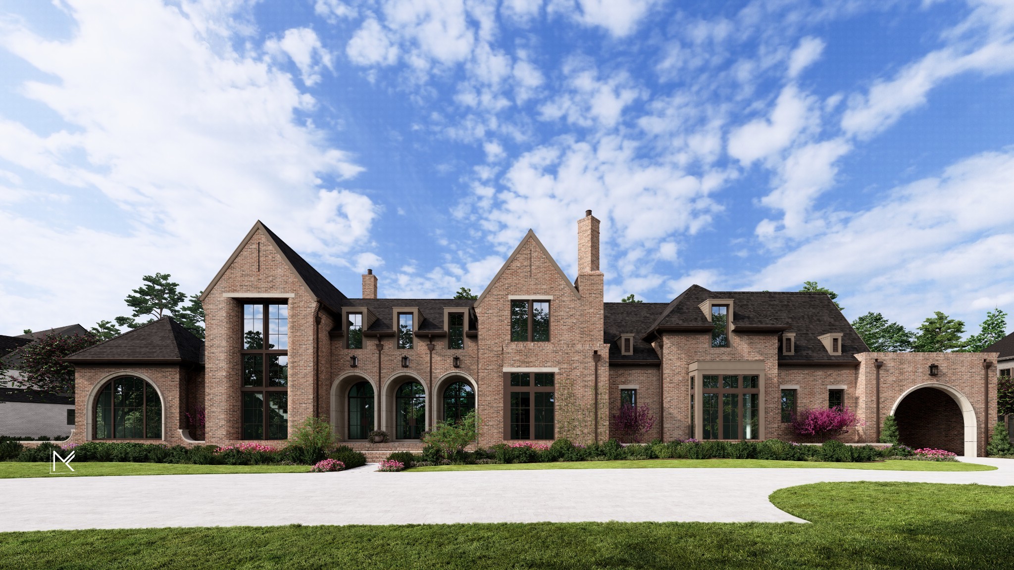 A showcase of stunning architectural design, this home is set to impress with its thoughtfully planned interiors and attention to every detail. Three recessed half-round doors create a grand entry into the expansive gathering areas, including the great room with 21’ ceilings and the keeping room overlooking the outdoor reflection pool. The upscale kitchen is a chef’s dream, complete with a scullery and walk-in pantry, as well as a breakfast nook and formal dining room. Following the rear gallery leads to the club room with vaulted ceilings, expansive windows, and a pub room. Adjacent to this is the separate exercise room and access to the four-car garage. The lavish primary suite features a fireplace wall dressed in chic wallpaper, vaulted ceilings, and a private back porch. The en suite bath includes two water closets, a zero-entry marble steam shower, and generous his-and-her walk-in closets. Also on the main level are a guest bedroom with an en suite bath and a study with vaulted ceilings and a stunning half-round window seen from the front elevation. Outside, a covered porch with a fireplace and full kitchen sets the stage for entertaining beside the premium in-ground pool and spa. On the second level, a beautiful catwalk leads to the remaining bedrooms, which each have an en suite bath and walk-in closet. There is also a bonus room, bunk room, and additional laundry room upstairs. Zoned for Williamson County Schools, this home offers easy access to the amenities of Brentwood, Cool Springs, Franklin, and Nashville.