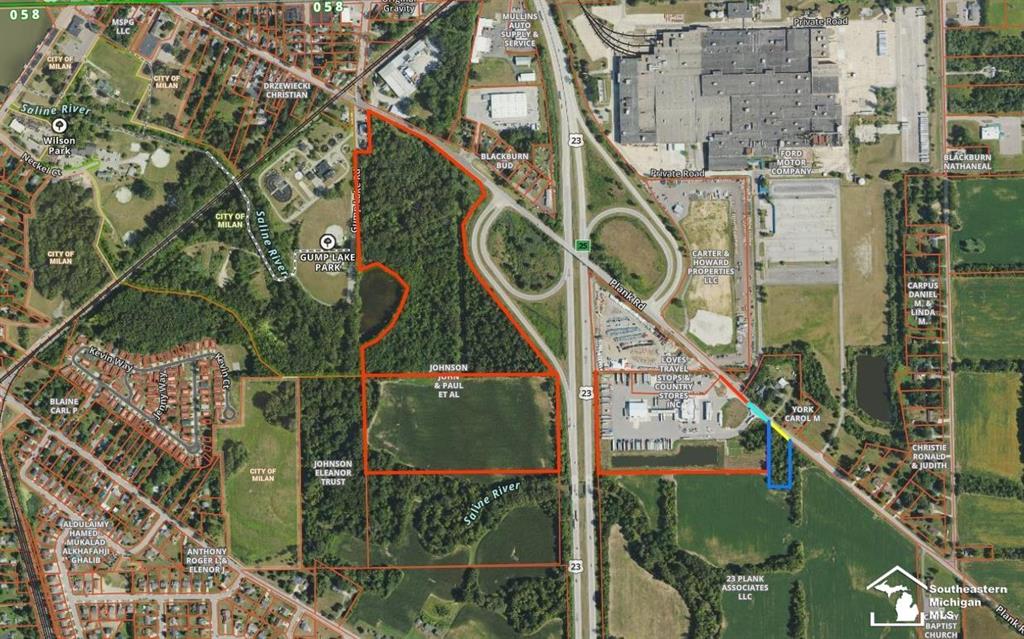 US23 Highway Development Opportunity in growing Milan, MI!!! Located on the SW intersection of US23 (Plank Road exit) with 725ft. of highway frontage and 200ft. of Main St. frontage.  3 parcels, offered together, consisting of approx. 47+/- acres--Highway Commercial and Mixed use Residential Zoning. The Property offers great visibility from the highway interchange and is wooded with a clearing off Main St.   It also abuts Gump Lake and City of Milan owned Properties. The southern parcel is currently being farmed and parallels the highway.  City Water, Sewer, and Natural Gas are available at the street. Second Parcel ID#58-53-040-257-00 (Parcel C). Part of Parcel D - Parcel ID#58-53-040-262-00 will be included subject to land division.  The time has come for you to visit Milan soon, I promise you will not be disappointed.