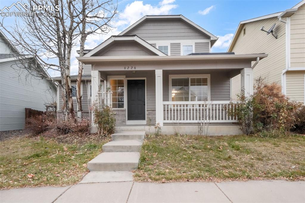 Charming two-story home tucked into a quiet neighborhood just moments from the sought-after Powers corridor. This inviting property welcomes you with a covered front porch and warm curb appeal. Inside, the freshly painted interior offers a bright and open layout beginning with a spacious living room and dining area—perfect for everyday living and entertaining. The main level also includes a convenient half bathroom. The kitchen sits toward the back of the home and features plenty of cabinet space, a pantry, stainless steel appliances, and washer and dryer access (both included). From the kitchen, step out to the fully fenced backyard, ideal for pets, play, and outdoor relaxation.Upstairs, you’ll find a versatile loft, two comfortable bedrooms, and a full bathroom. The home is filled with natural light throughout and offers excellent efficiency with paid-off solar panels, which will be transferred at closing—such a great benefit for future owners. Additional highlights include a one-car garage, a long driveway for extra parking, and additional parking space in front of the home.With unbeatable access to restaurants, shopping, schools, parks, and the nearby hospital, this location is hard to beat. Whether you're a first-time buyer or looking to downsize, this home offers comfort, convenience, and incredible potential.