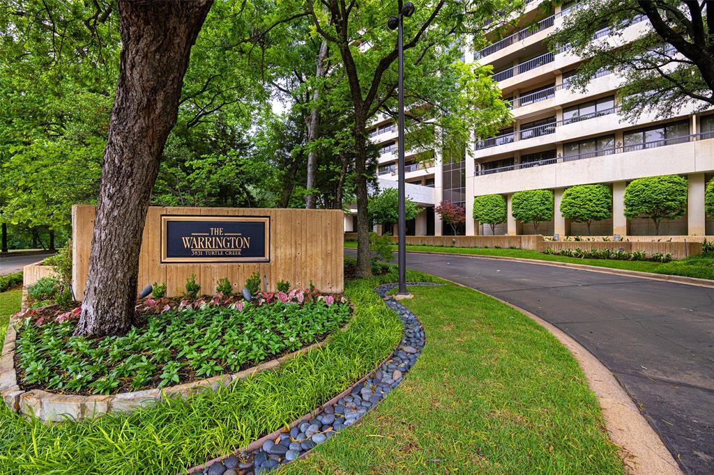 The Warrington is ideally situated in the prestigious Turtle Creek area, known for its lush landscapes, tree lined streets, and serene atmosphere. This luxury high rise boasts some of the largest terraces in Dallas in addition to being known for second to none resident services and amenities.  This beautifully renovated condo with terraces spanning the full length of the north and west sides of the residence is optimally located to capture stunning sunrises and sunsets.  The fully renovated kitchen includes beautiful marble countertops with a gorgeous waterfall edge, sleek flat panel walnut cabinetry and Bosch appliances.  The laundry room includes a second pantry space with an additional exterior entrance.  Stunning wood look tile floors span the entire living space providing an elegant, consistent look throughout.  Each of the three bedrooms include spacious closets with the primary bedroom featuring two closets.  Both bathrooms have been updated with modern floating vanities and sleek countertops.  The primary bathroom includes an oversized walk in shower with bench, linear drain, frosted glass door and multiple shower heads including a rainfall shower head.  This residence includes two reserved parking spaces and an onsite storage unit. Monthly HOA dues include all utilities except electricity, internet, and cable. Additional amenities include a year-round heated salt water pool with a swim-current system, spa, outdoor kitchen with grill, tennis and pickleball court, basketball court, multiple dog parks and a fitness center with renovations underway.  Additional features include an owner's entertaining area with adjacent kitchen, valet parking, 24 hour security and concierge service. The Warrington was awarded High-Rise Property of the Year as well as High-Rise Manager of the Year from the DFW CAI!  Walk to the Katy Trail, Kalita Humphreys Theatre, the only Frank Lloyd Wright designed theatre, Reverchon Park and many wonderful Dallas restaurants and shops.