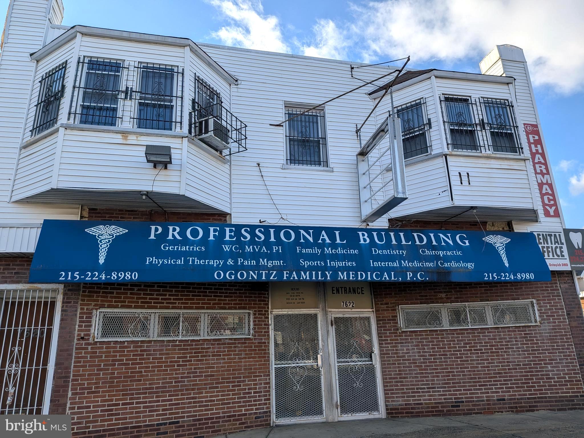 Great commercial property for multiple use in three separate properties:7620 Ogontz: four units, each comprising two large rooms, auxiliary space, and a bathroom. Each unit has multiple uses for office and professional business activity. Separate entries. 7622 Ogontz: multi-room space suitable for a doctor's office ( leased before to multiple physicians and as a diagnostic radiology facility), consisting of a total of eight offices, a waiting room, and radiology rooms.7624 Ogontz: previously used as a pharmacy. That would be an ideal use for this space, consisting of a large waiting room, storage/office room, and a bathroom. This space could be utilized for multiple uses.All the units are in good shape and in need of minimal adaptations to host your future business.