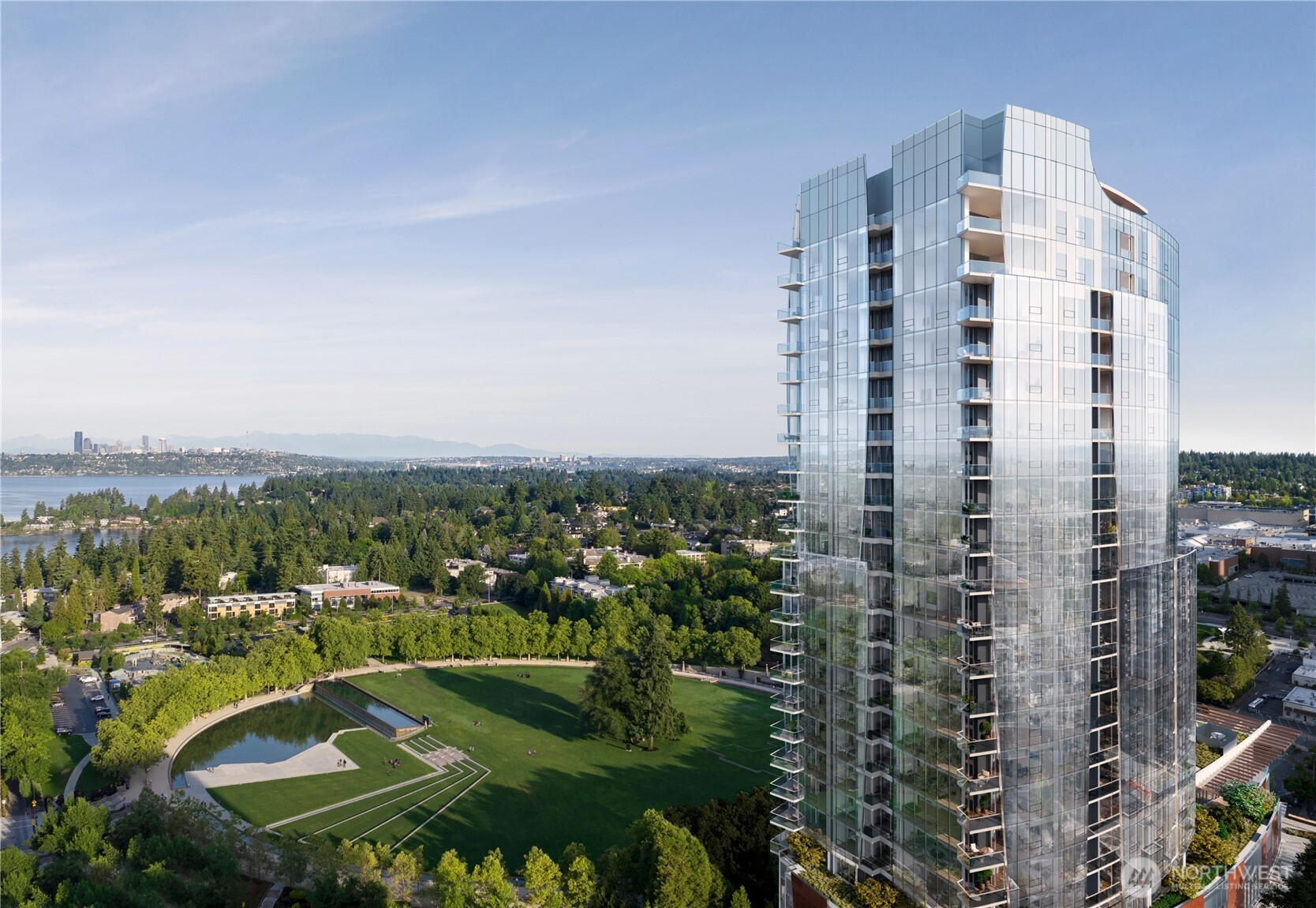 Introducing Residence 1003 at Park Row, a thoughtfully designed 2-bedroom, 2-bath residence offering approximately 1,274 square feet of interior living space and two private balconies with southern exposure. This home features refined interiors, hardwood flooring, expansive windows, a chef-caliber kitchen with Gaggenau appliances, polished quartz countertops, Dornbracht fixtures, and access to nearly 25,000 square feet of lifestyle amenities including resident lounges, fitness and wellness spaces, an indoor pool and spa, golf simulator lounge, pet amenities, and direct access to Bellevue Downtown Park.Envisioned by the internationally renowned team of Bosa Development and Amanat Architect, and inspired by Bellevue Downtown Park itself, Park Row offers a limited opportunity to live at one of the city’s most coveted residential addresses, where expansive green space, considered architecture, and urban sophistication converge. Images are artist renderings only; finishes, views, dimensions, features, and amenities are subject to change.