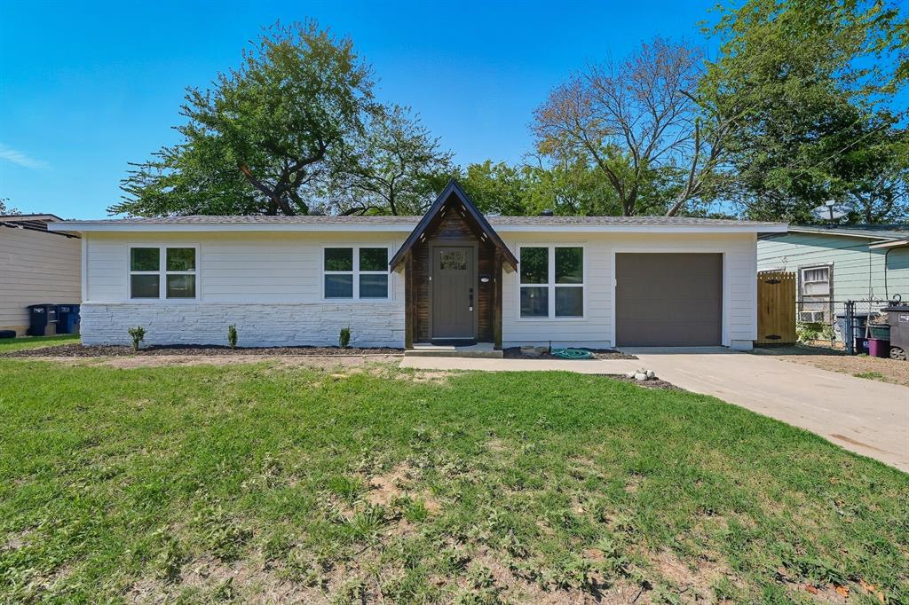 Welcome home to this beautiful 3 bedroom one and half bathroom with custom wooden entry way located conveniently to Fort Worth and major highways. This property has been carefully looked after with a new roof, windows, foundation, and countless upgrades. The custom kitchen offers ample storage, new appliances, built in trash can, and high end quartz counter tops. The bathrooms are new featuring high end faucets, Calcutta tile, and shiplap walls. This home has waterproof LVP throughout, six inch baseboards, new fans, lighting, and recessed lighting. Foundation paperwork attached. This home has a built in laundry room with ample storage and shelving. The backyard offers mature trees that are trimmed up for shade in the summer with a new patio off the back door. Large backyard would be perfect for pets.. The garage has a new opener, door, and textured paint. Agent is owner.
