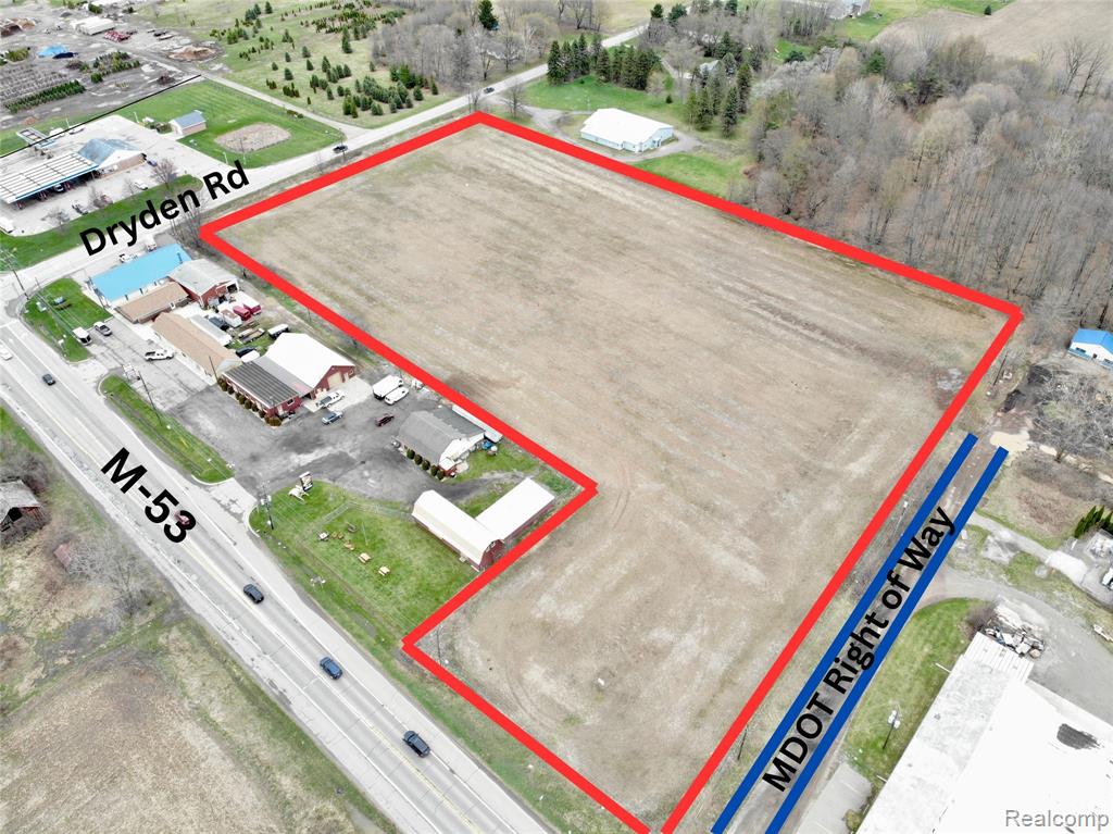 PRIME piece of land for your future business needs. Located on M-53, one of the busiest thoroughfares in SE Michigan, this parcel offers frontage on both M-53 and Dryden Rd. Perfect for a pull-through drive with heavy machinery and equipment. Currently zoned industrial, it offers a wide-array of potential uses. Owner has set of plans drawn for reference. Located right near the intersection of Dryden and M-53 surrounded by a fix of commercial and industrial businesses, this intersection sees 30,000+ cars a day. Lot includes Winterton Dr located on M-53, providing full access to the property without having to acquire an MDOT easement. Land contract terms offered.