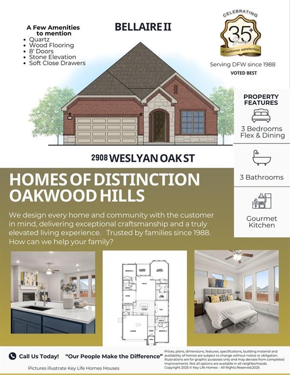 MLS# 21098294 - Built by Key Life Homes - Jan 2026 completion! ~ Enjoy this spacious luxurious three (3) bedroom, three (3) bathroom, open kitchen, eat in island, dining room, cover patio, and a great flex space that could also be used for and office.   Oakwood Hills Homes of Distinction Series is a centrally located luxury master planned community by Key Life Homes.  These homes offer superior craftsmanship, thoughtful design, and exceptional energy efficiency.  Each home is also third party inspected and rated to meet rigorous building and construction standards, ensuring long term comfort and savings. Features for this home include designer brick elevations, 8’ doors, quartz countertops, soft close cabinetry drawers, energy saving appliances, energy saving built home, and elegant lighting throughout 100% LED. The open concept layout highlights quality finishes, ceramic tile flooring, and a wood flooring. Enjoy high efficiency 15.2 SEER HVAC, programmable thermostat, and Low-E windows for year round efficiency. Exterior items include sprinkler system, fencing, and fully irrigated and sodded yard. Key Life Homes has building better homes since 1988.  Come see us!  Call Ken today to schedule a tour of this home being built!