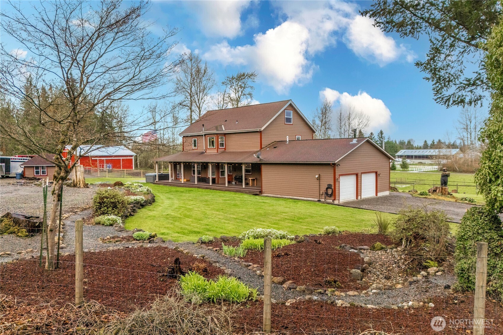 MOTIVATED SELLER! Bring all offers. Seller willing to offer concessions for interest rate buy down. This beautifully  4bed/2.75bath home on a shy 5 acres offers the perfect blend of comfort, functionality, and equestrian amenities. Spacious layout features a large living room, well-appointed kitchen, dining room and sunroom. Property is ready for horses, sheep, goats, chickens & cattle- fully fenced and cross-fenced property, complete with 60' round pen, 3-stall 36' x 36' barn w/tack room, 8 ton capacity hay loft, livestock area, & headgate. Chicken coop, utility lean-to and garden shed are a bonus! Relax in the hot tub, fully covered front porch or by the fire pit as you watch the sunset on your little slice of country paradise!