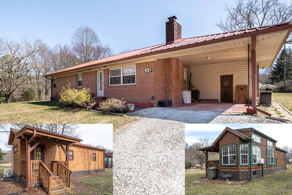 This charming property, nestled on 1.84 acres of flat land just outside the city limits of Andrews, NC, offers a unique opportunity for commercial income or peaceful residential living with the convenience of city amenities. The main home is a cozy single-story brick house featuring three bedrooms and one bath. Inside, you'll find original hardwood floors, adding warmth and character to the space, alongside tongue-and-groove wooden walls that enhance its rustic appeal. The inviting wood-burning fireplace adds to the charm, providing a perfect setting for cozy evenings. Recently updated with a durable metal roof and energy-efficient windows, this home is both practical and comfortable. In addition to the main house, the property includes two small cabin homes, providing additional living space or rental potential. Park Model #1 is a charming log cabin-style home, offering a cozy and rustic retreat with a spacious covered porch, perfect for enjoying the surrounding views and relaxing outdoors. The home features a durable metal roof and comes fully furnished, with all appliances and furniture included in the sale, providing a move-in ready experience. However, it is important to note that this home contains a window unit air conditioner but does not include a washer and dryer. Park Model #2 is a beautifully designed rust-colored log cabin-style home, offering both charm and comfort in a compact space. Equipped with a mini-split heat and air system, this home ensures year-round comfort, keeping you cozy in the winter and cool in the summer. The home will include all furniture and appliances, as well as a stackable washer and dryer for added convenience. in addition, the property is perfectly situated for RV parking spots or room to add another park model. With city water and sewer services, but none of the city taxes, this property offers the best of both worlds—a serene country setting with the benefits of city infrastructure.