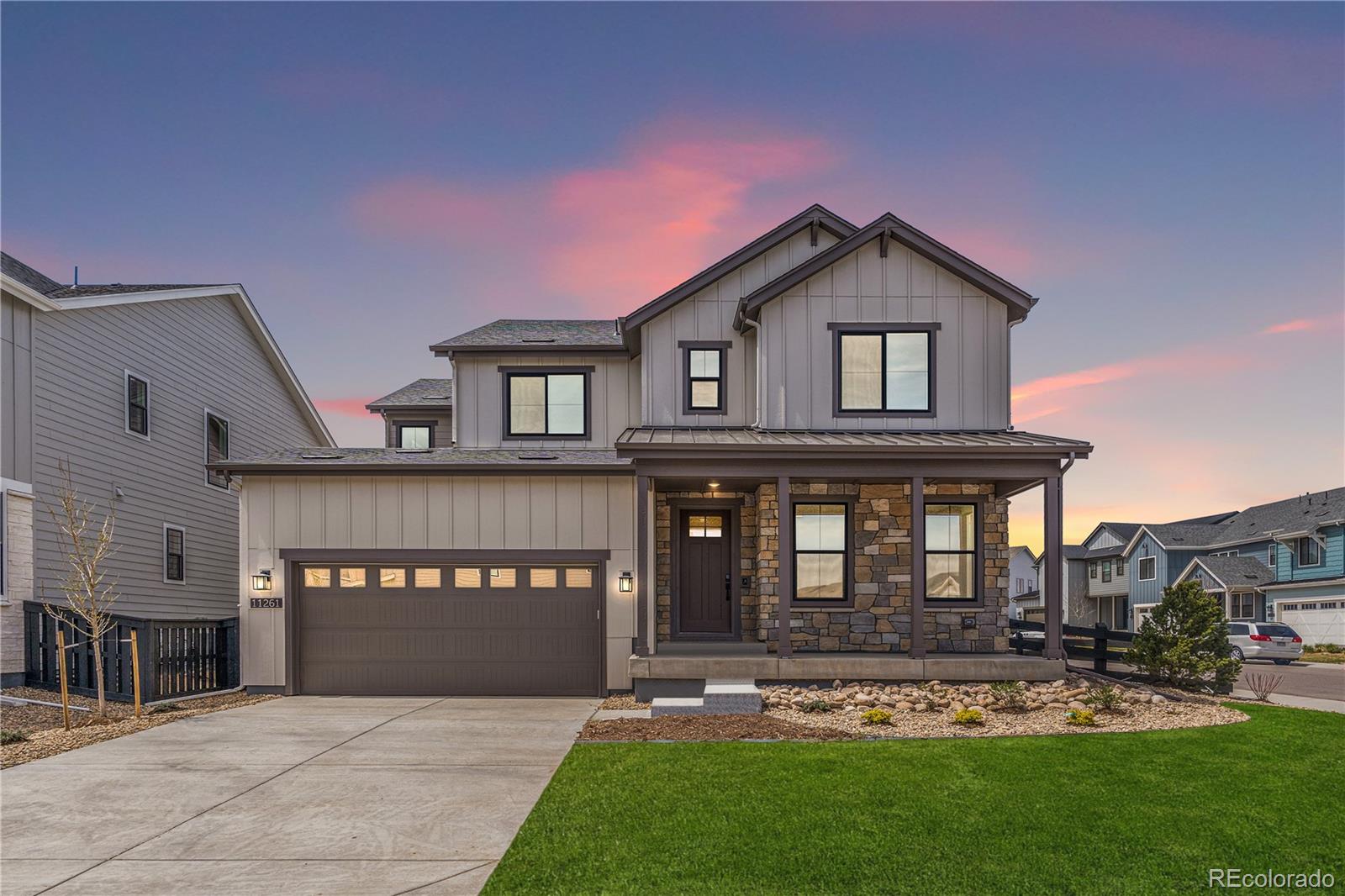 Beautiful two-story home on a corner lot in the desirable Solstice Community by Shea Homes. Solstice is surrounded by Chatfield State Park on 3 sides of the community and acreage parcels on the 4th side. This two-story home has 3 bedrooms, 2.5 baths, study, loft, fireplace, covered patio, and 3 bay tandem garage.  Design finishes include Tri-West engineered wood floors in Shoreline White Oak, AZT engineered stone counter tops in Calacatta Jubilee, and Yorktowne Henning cabinets in White Icing.   Please contact a community representative for details.  The Mirabelle Metropolitan Districts provide various services to the property and in addition to the estimated taxes, a $40 per month operations fee is imposed.