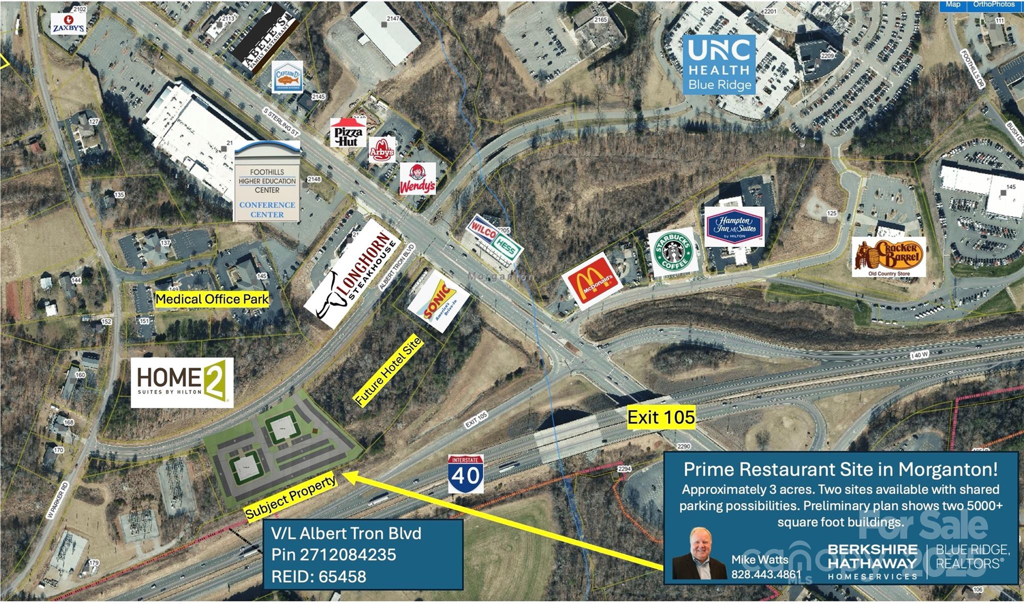 Prime Restaurant Site in Morganton across from Home2 coming soon. Two sites available with shared parking possibilities. Preliminary plan shows two 5000+ square foot buildings. Great access to I-40 and visibility. Albert Tron Blvd has center turn lane and installed sidewalk.