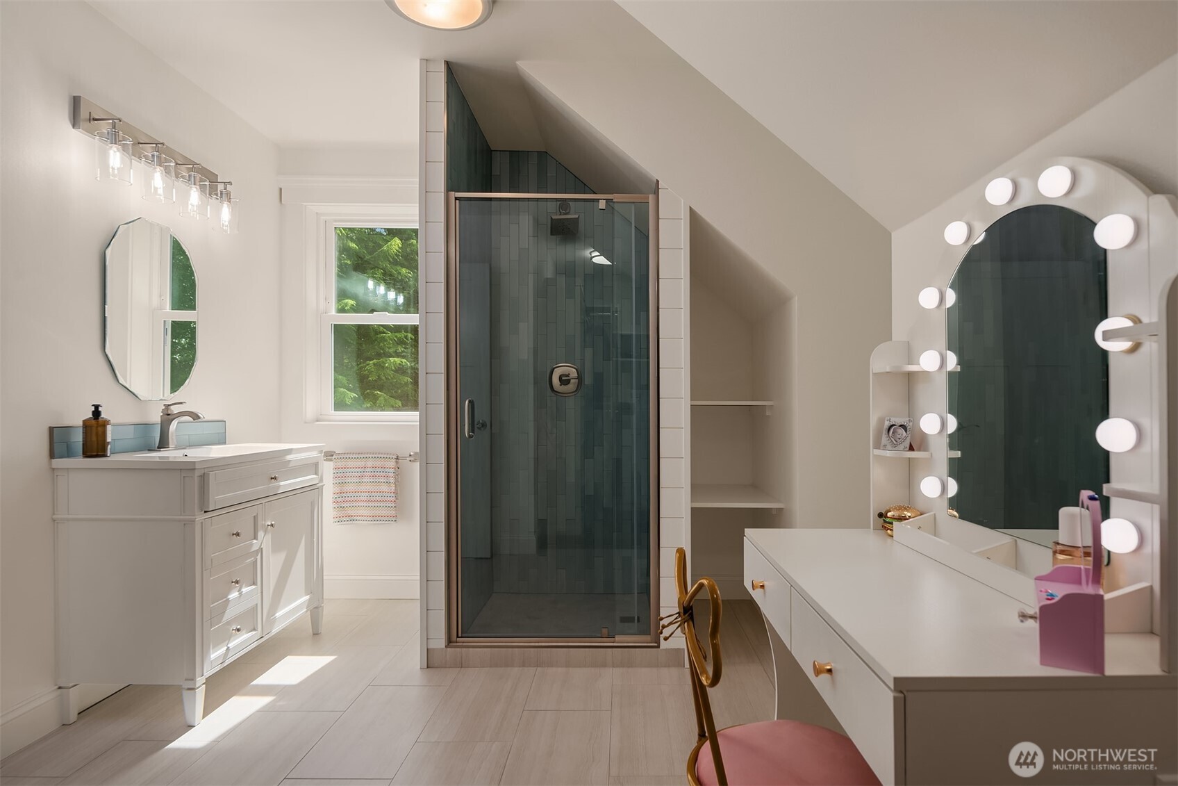 Beautifully updated bath with designer finishes and spacious accommodations for family and guests.