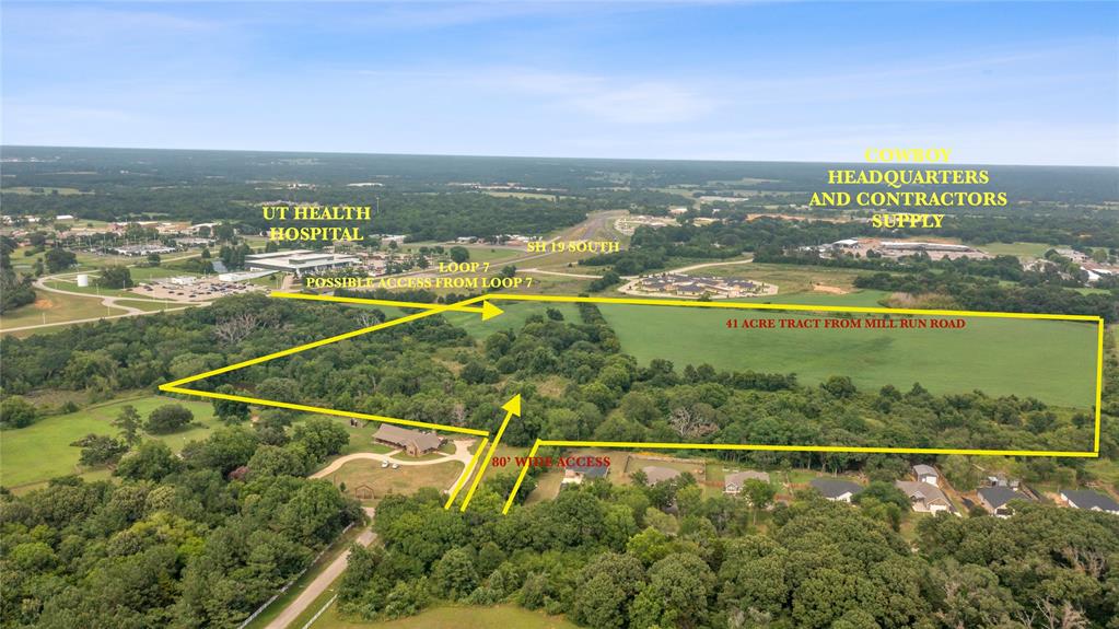38.723 acres prime location for multifamily development.  Located on Mill Run Road, close to UT Health Hospital, Athens Middle School, Loop 7 and SH 19 South. 

Restrictions for tract include:  No mobile homes, No tiny homes, No storage of trash or collection of junk on the property, Any single family home will be a minimum of 1700 sq. ft and the exterior will be a minimum of 75% rock, stone or brick on the exterior.  No unlawful pollution of air, land surface or subsurface, surface water or subsurface water. 

Property is located in Athens TX Extra Territorial Jurisdiction.  Rezoning must be approved by Athens City Council.  
A new survey of the property is attached.  The actual acreage of the tract is different from the appraisal district information.
