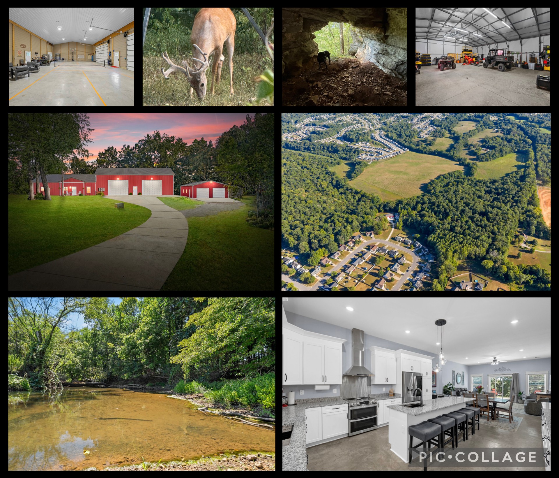 Discover an extraordinary opportunity w/ this rare 41-acre estate located in the heart of the city. Offering endless possibilities for recreation, development, or private retreat living, this pristine land has never been timbered, includes a well, & benefits from Green Belt tax exemption. The owner has thoughtfully planted clovers, creating a haven for wildlife, while direct river access (2400 feet), ATV accessibility, >4 miles of cleared hiking trails, & even natural caves make this property a true outdoorsman’s paradise.

At the center of it all sits a stunning Barndominium, designed with thoughtful upgrades. The chef’s kitchen boasts 2 prep sinks, ample cabinetry, & a commercial-grade overhead range. Smart home features include Alexa lighting control, Ecobee thermostats, central vac, & 400-amp service W/ separate 200-amp (home&shop). The floor plan was designed with accessibility in mind, featuring ADA-compliant openings & no steps, as well as custom closets, an oversized mudroom, & custom lighting throughout. The luxurious primary suite offers two 6ft vanities & huge soaking tub.

Attached to the home is a finished recreation space, currently outfitted w/ pickleball & basketball courts on roller-skate & skateboard-approved flooring. This versatile space could easily be converted into additional living quarters or a second home. Outside, you’ll find a detached 1,200 sq. ft. (30x40) workshop w/ solar panels, two 16x12 ft. garage doors large enough for an RV, & 2 additional sheds w/ solar. 

Located just 7mi from Ft. Campbell & 50mi from Nashville, this one-of-a-kind estate offers unmatched privacy, recreational freedom, and city convenience—all while delivering limitless potential as a private retreat, family compound, or investment opportunity.