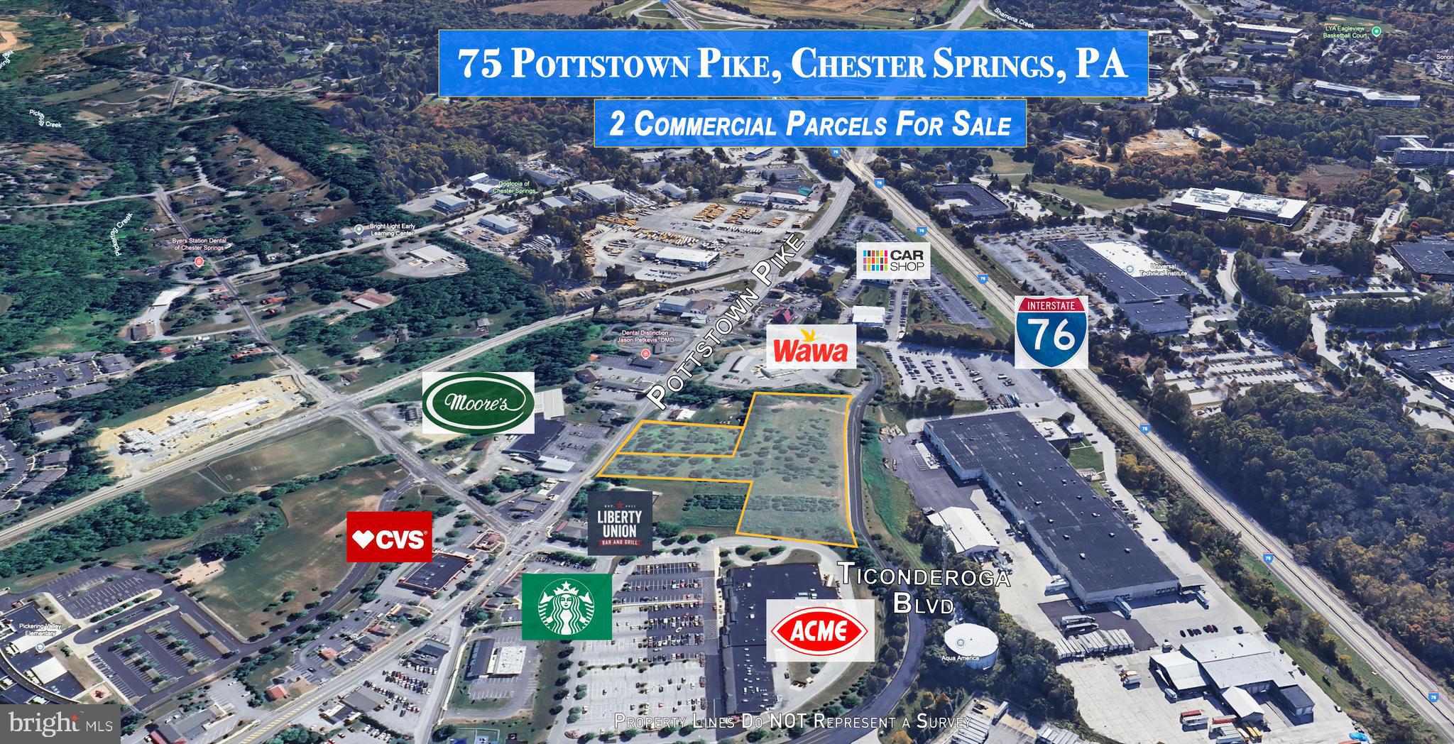 Amazing Commercial Property!   6.51 Acres of premium vacant land zoned C-3 Highway Commercial in thriving Chester County.  This gem of a property is just minutes from the PA Turnpike (Rt 76).  This high visibility tract is comprised of 2 separate parcels (not sold separately) and has abundant frontage on two major roadways: 275 +/- feet along Pottstown Pike (Route 100) and 700 +/- feet along Ticonderoga Boulevard.  One of a kind property located just around the corner from other enterprises in the popular commercial district such as Wawa, CVS, Starbucks and Acme!  Many businesses could flourish at this exceptional location!   Don’t miss out on this prime commercial property.