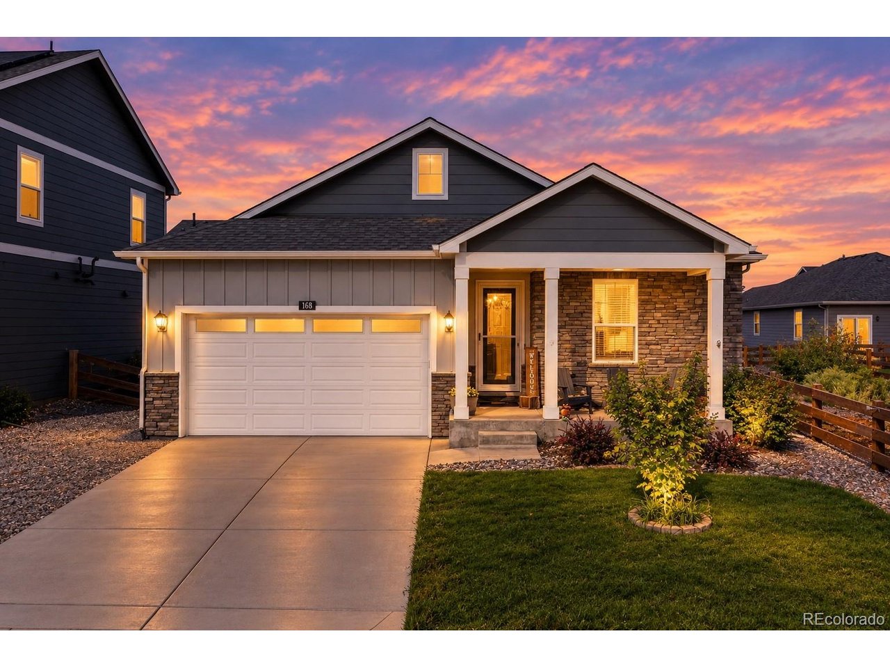 2.5% VA Assumable loan! Craftsman-style ranch designed for effortless everyday living, easy entertaining & exceptional outdoor enjoyment. A welcoming covered front porch and beautiful mountain views set the tone, while community walking paths just steps away add to the appeal. Inside, a bright, open layout features easy-care laminate wood flooring, a versatile neutral palette & abundant natural light. The chef-worthy kitchen takes center stage with rich espresso cabinetry topped by crown molding, granite countertops, stainless steel appliances, gas range, beverage refrigerator, large eat-in island & spacious pantry. The adjoining dining area flows seamlessly into the inviting living room, where a cozy fireplace with rustic wood-paneled surround creates a warm gathering space. The thoughtfully designed floor plan offers four generously sized bedrooms, including a private primary suite tucked away from the secondary bedrooms. The tranquil retreat features a walk-in closet & spacious en-suite bath with oversized walk-in shower The real showstopper is the incredible backyard paradise-a private outdoor retreat designed for relaxing, entertaining & enjoying Colorado's beautiful seasons. Step from the dining area onto the expansive covered patio, then continue to the charming pergola with built-in bench seating & fire pit, creating the perfect setting for lively gatherings or quiet evenings under the stars. Garden beds & planter boxes invite you to grow flowers or fresh vegetables, while the fully fenced yard provides plenty of room for pets to play. A second covered outdoor space in the front offers another shaded spot to unwind & take in the mountain views. Additional highlights include a newer whole-house humidifier & garage epoxy coating. Conveniently located with easy access to Highway 36 and just minutes from Bennett schools, shopping, dining & everyday amenities, this move-in-ready home offers the perfect blend of comfortable living & exceptional outdoor space.