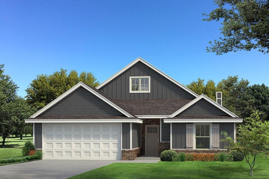 This Kamber floor plan includes 1,905 Sqft of total living space, which includes 1,750 Sqft of indoor living space and 155 Sqft of outdoor living space. This charismatic home offers 3 bedrooms, 2 full bathrooms, covered patios, a mudroom featuring, a utility room, and a 2-car garage with an in-ground storm shelter installed. The living room presents a coffered ceiling with a ceiling fan, wood-look tile, a corner gas fireplace surrounded by our elegant stacked stone detail to the ceiling, Cat6 wiring, and three 7' windows. The high-end kitchen supports a large center island, stunning pendant lighting, custom-built cabinets to the ceiling, stainless steel appliances, decorative tile backsplash, 3 CM countertops, and a large walk-in pantry. The large primary suite spotlights a sloped ceiling detail with a ceiling fan, windows, and our cozy carpet finish. The prime bath offers a free-standing tub, a dual sink vanity with framed mirrors, a walk-in shower, a private water closet, and a HUGE walk-in closet! The covered outdoor living supports a wood-burning fireplace, a gas line, and a TV hookup. Other amenities include our healthy home technology, a tankless water heater, R-44 insulation, a whole home air filtration system, and so much more!