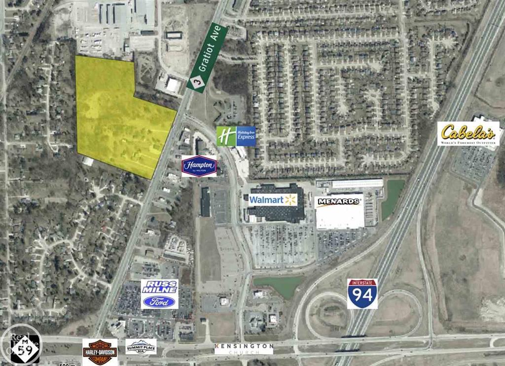 765 feet and 21.74 acres of Prime Gratiot frontage. Zoned commercial and residential. Join Walmart, Menards, Cabelas, Ford, Hampton Inn, Holiday Inn. Perfect spot for a new residential development or business. The Homes and building on property are occupied and producing POSITIVE CASH FLOW.  Terms Available..... Rare opportunity in this fast developing location!  Includes 45815, 45729, 45777 & 45925 Gratiot