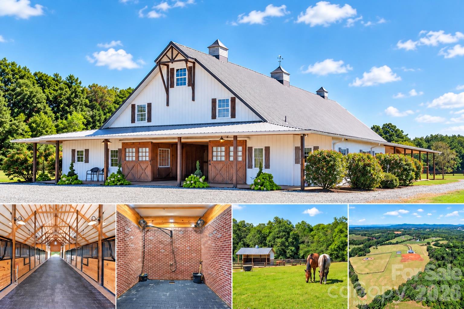 Welcome to Vita Nova Farm, an exceptional 90-acre equestrian estate in the beautiful Western North Carolina countryside. Meticulously maintained and thoughtfully developed, this remarkable property combines a custom eight-stall horse barn with extensive equestrian infrastructure, established turnout areas, and opportunities for easy future expansion with a conceptual site plan already in place designed by Anderson Engineering. The impressive barn features a spacious center aisle with soaring ceilings, rubber flooring, and eight 12' x 12' stalls with Classic Equine stall fronts with removable dividers for easy expansion, interlocking rubber mat flooring, Nelson grain feeders, and individual fans. Additional amenities include a brick wash rack with hot and cold water, custom Lucas Equine cross tie posts, and 2 overhead drying fans, a climate-controlled tack room, spacious lounge, equipment/feed room, dedicated office with video monitoring of stalls and turn out paddocks, half bath, and separate laundry facilities. A well-appointed one-bedroom apartment with full kitchen, living area, full bath, walk-in closet, and private laundry offers comfortable accommodations for an owner, trainer, or caretaker. Outside, extensive four-board fencing, three expansive pastures, four dry lot paddocks, three run-in shelters, water spigots, and Varnan automatic waterers provide a well-developed foundation for any diligent horse owner in daily horse and pasture management, breeding, or training. A stone entrance with automatic gates adds a distinguished arrival, while generator wiring at the barn provides additional infrastructure. A 100’ x 200’ large grass derby field offers plenty of space for schooling and training while your future arena is being built. A graded area is already prepared for a future 175' x 275' Martin Collins competition grade riding arena and 70-foot round pen. A picturesque creek winds between the fields, and an attractive homesite presents the opportunity to build a custom residence overlooking your own equestrian retreat. With convenient access to Tryon International Equestrian Center, Asheville, and Charlotte, Vita Nova Farm offers a compelling combination of rural privacy and regional accessibility in Western North Carolina's four-season climate. Whether envisioned as a private horse farm, professional training or boarding facility, breeding operation, or destination for clinics and equestrian events, the property offers remarkable versatility. Additional possibilities may include agritourism retreats, cabins, RV sites, or other guest accommodations. Discover the possibilities of Vita Nova Farm, where substantial equestrian infrastructure meets room to grow.