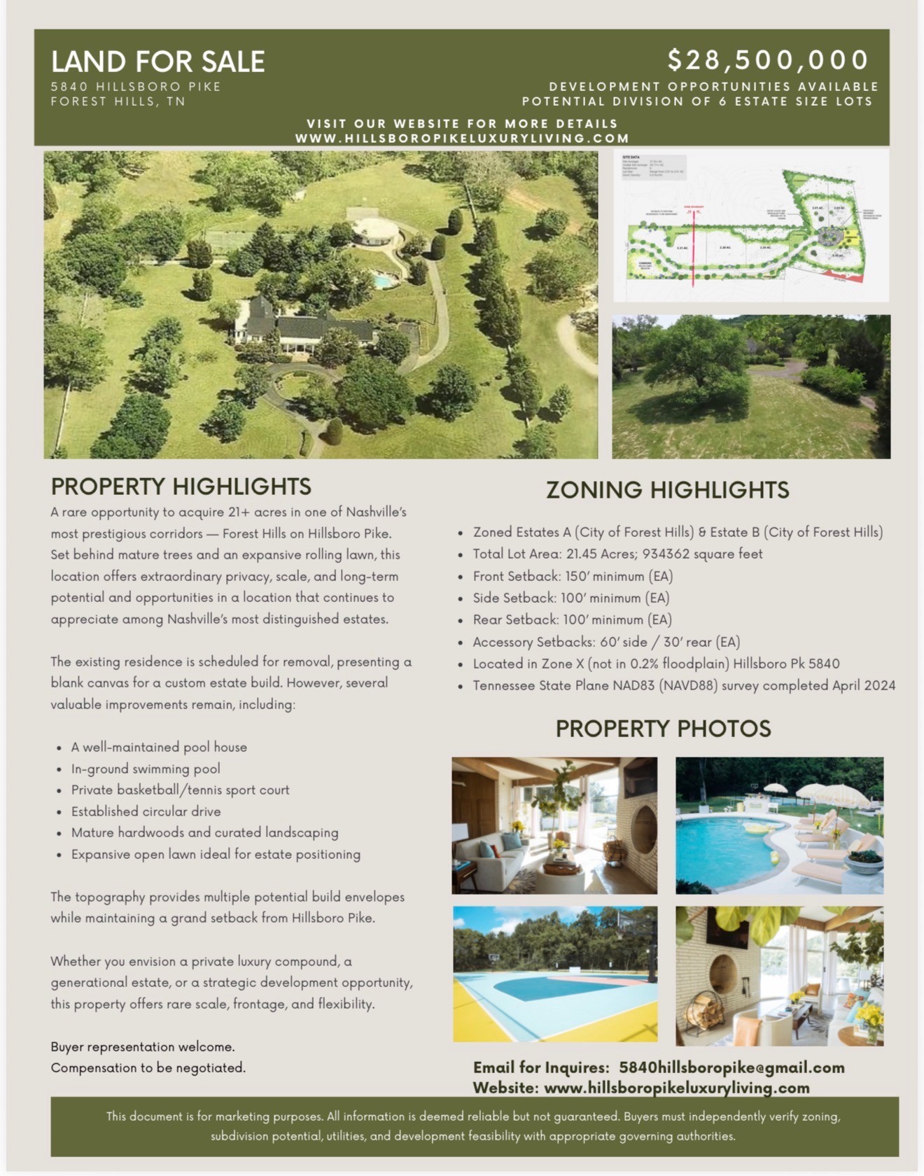 Please See Documents for Link to Website for full property details.Located in the heart of Forest Hills along Hillsboro Pike, this 21.45 - acre property offers one of the largest private estate opportunities currently available in Nashville. Set behind mature hardwoods and an expansive rolling lawn, the land provides exceptional privacy while maintaining convenient access to Green Hills, Brentwood and downtown Nashville. THE EXISTING RESIDENCE IS A TEAR DOWN, creating a true blank canvas for a custom luxury estate. Several high-value improvements remain, making this property uniquely positioned for immediate vision and development. Limited Service Listing-Buyer and/or buyer's agent to verify all information.